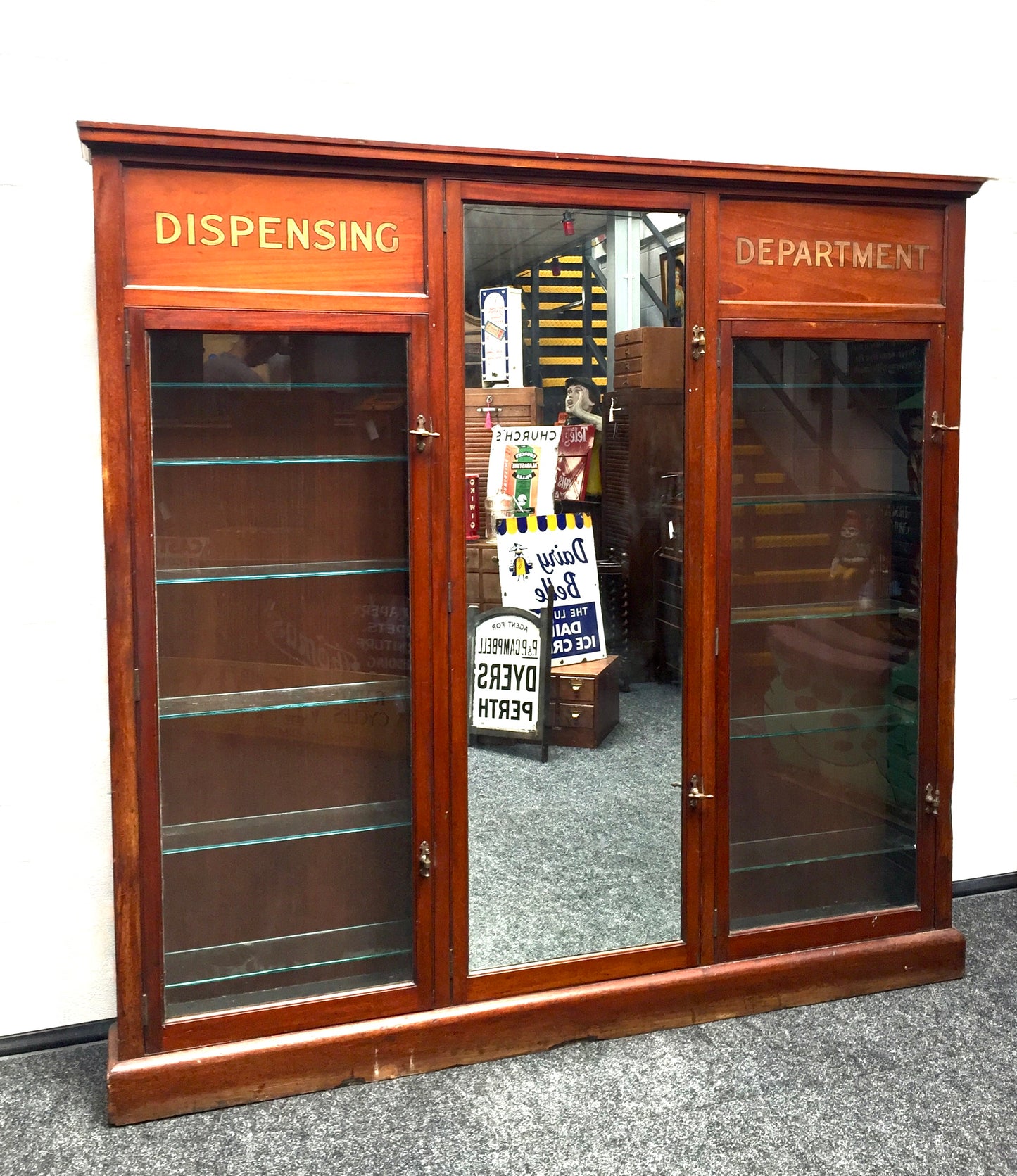Antique Wooden & Glazed Large Apothecary Chemists Shop Dispensing Cabinet c.1930