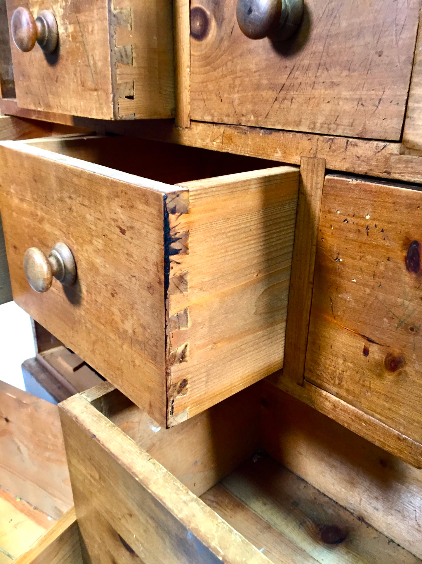 Antique 19th Century Large Wooden Pine Apothecary Style Chest of Drawers Cabinet