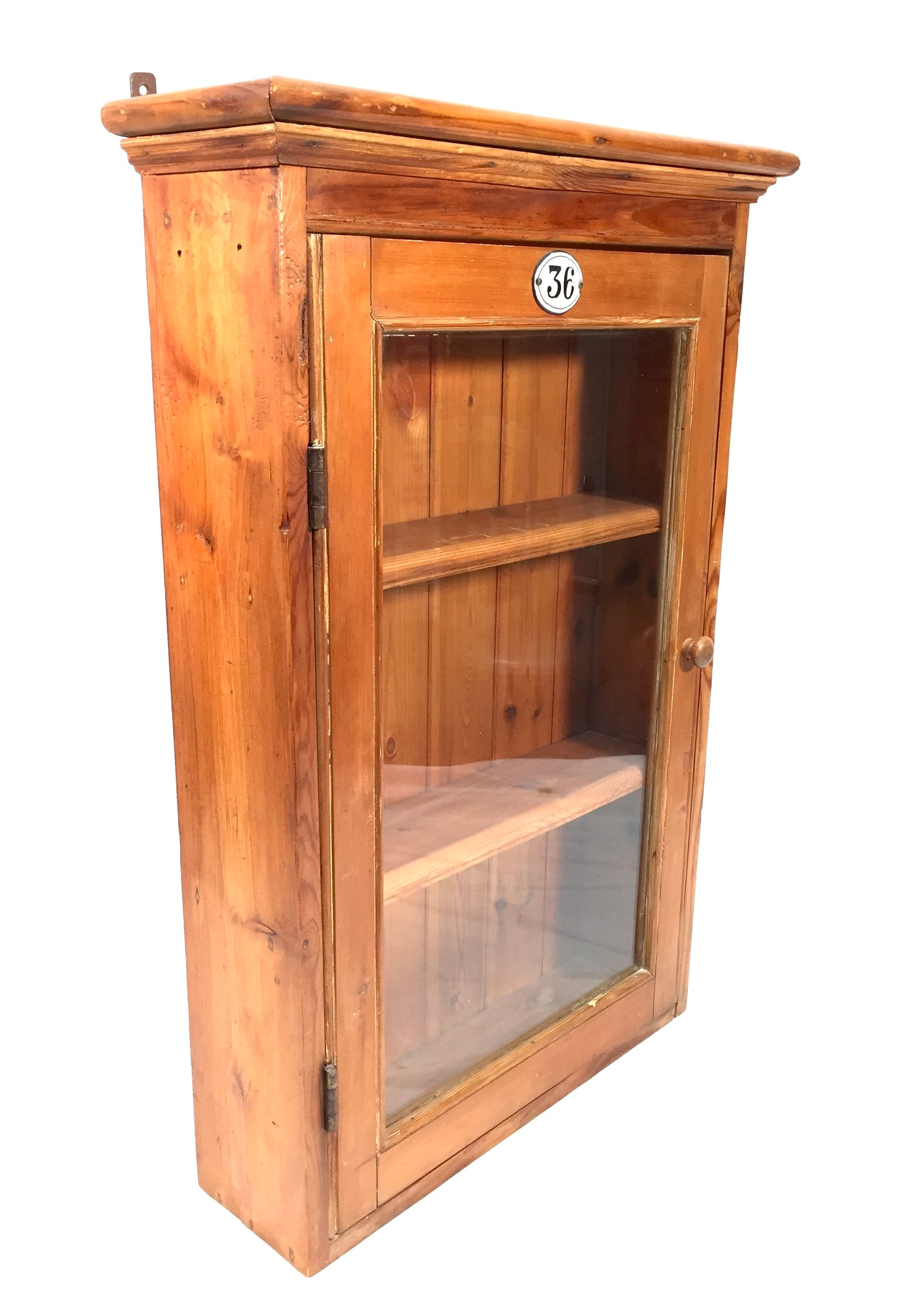 Antique Wooden Pine & Glass Fronted Wall Hanging Cabinet Display Shelf c.1930