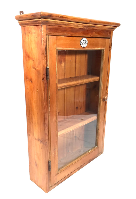 Antique Wooden Pine & Glass Fronted Wall Hanging Cabinet Display Shelf c.1930