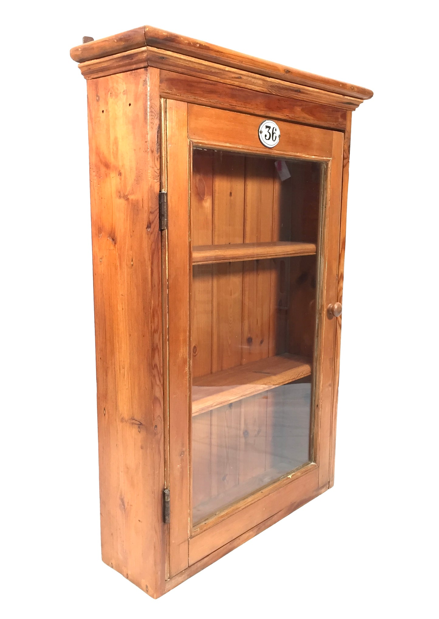 Antique Wooden Pine & Glass Fronted Wall Hanging Cabinet Display Shelf c.1930