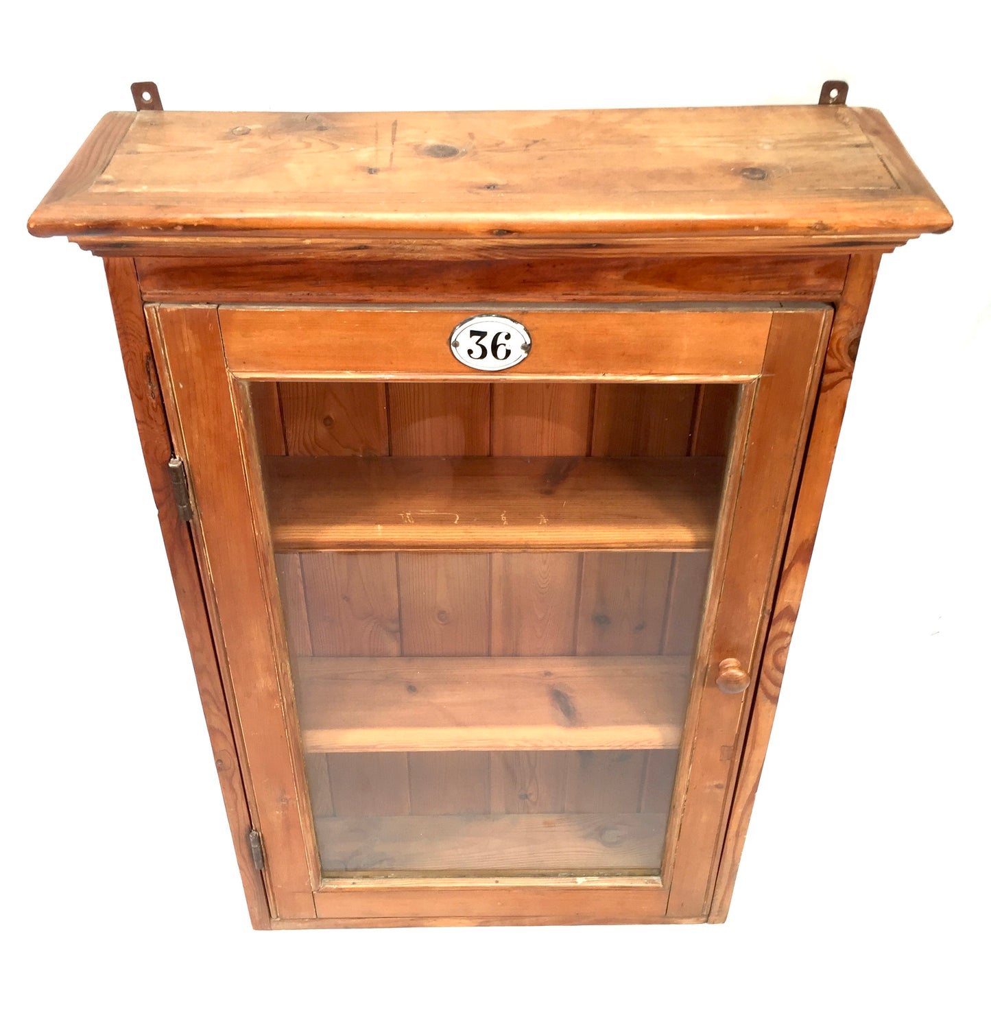 Antique Wooden Pine & Glass Fronted Wall Hanging Cabinet Display Shelf c.1930