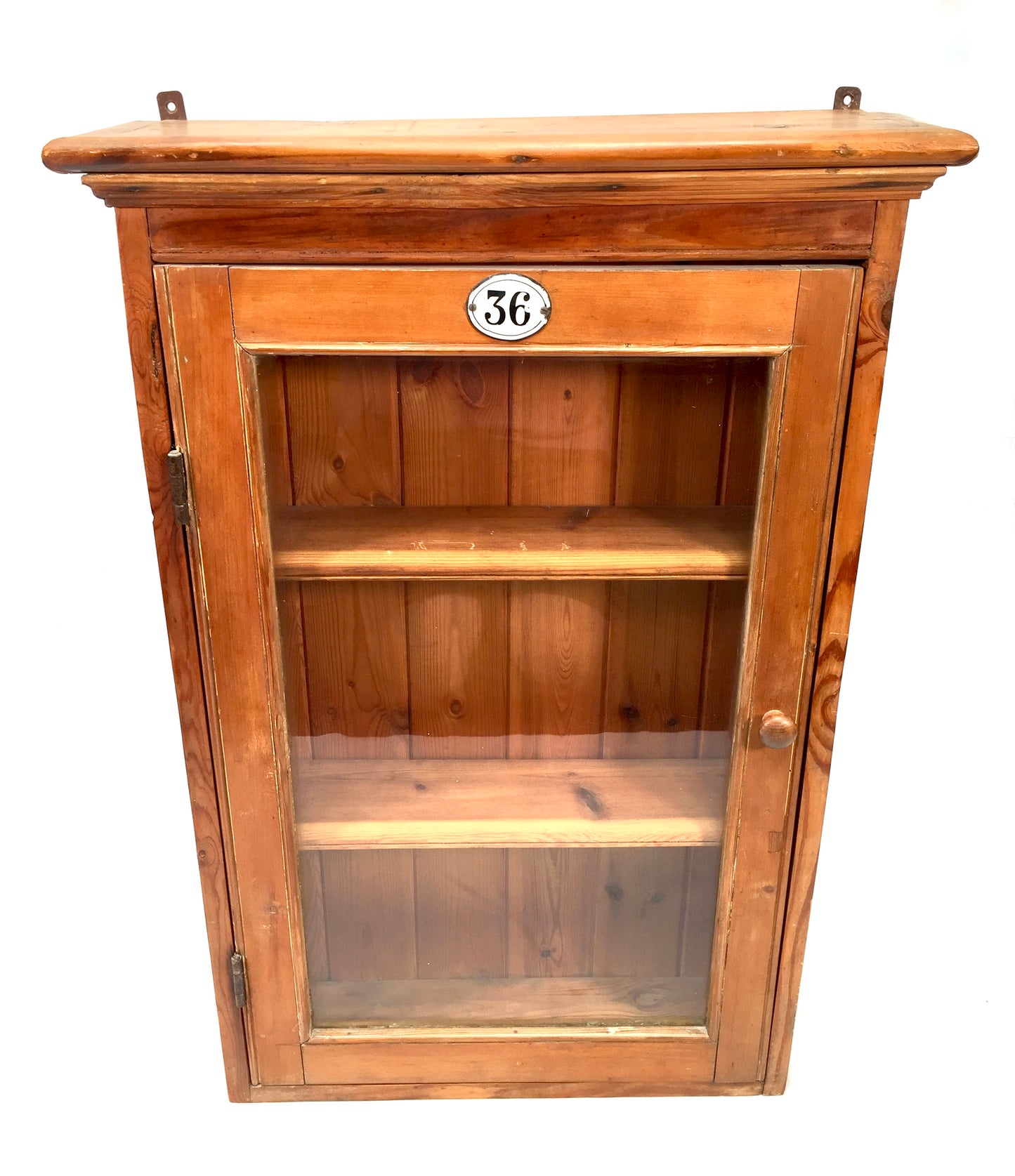 Antique Wooden Pine & Glass Fronted Wall Hanging Cabinet Display Shelf c.1930