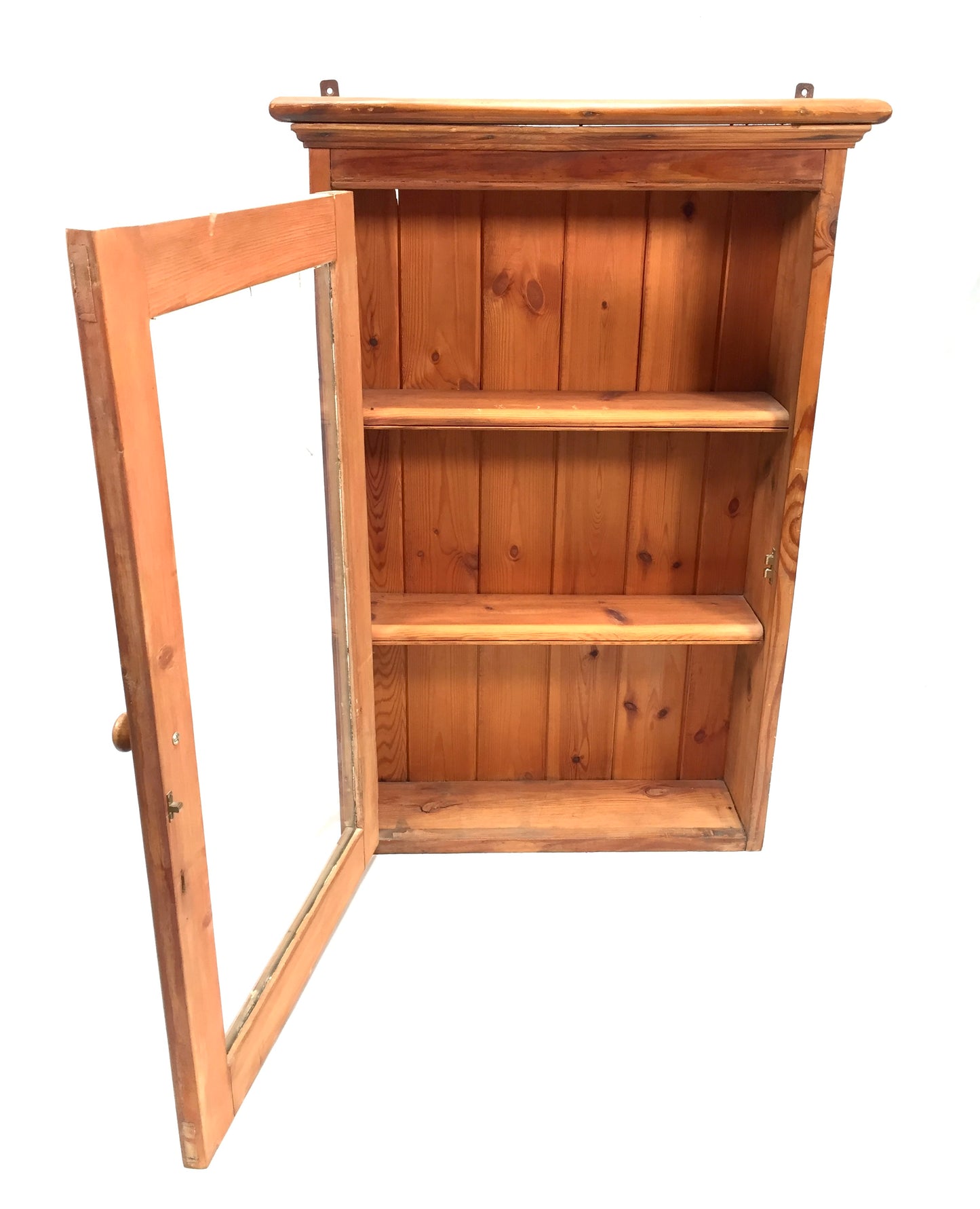 Antique Wooden Pine & Glass Fronted Wall Hanging Cabinet Display Shelf c.1930