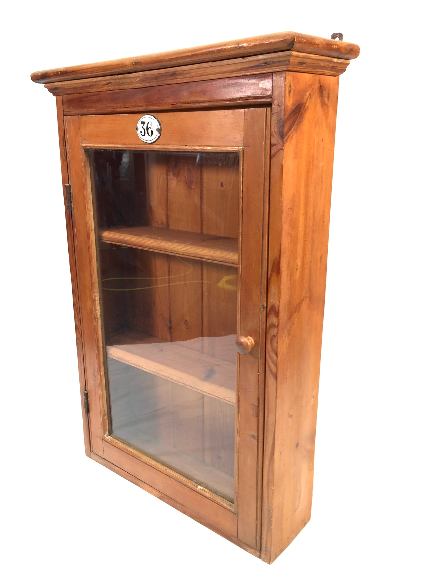 Antique Wooden Pine & Glass Fronted Wall Hanging Cabinet Display Shelf c.1930