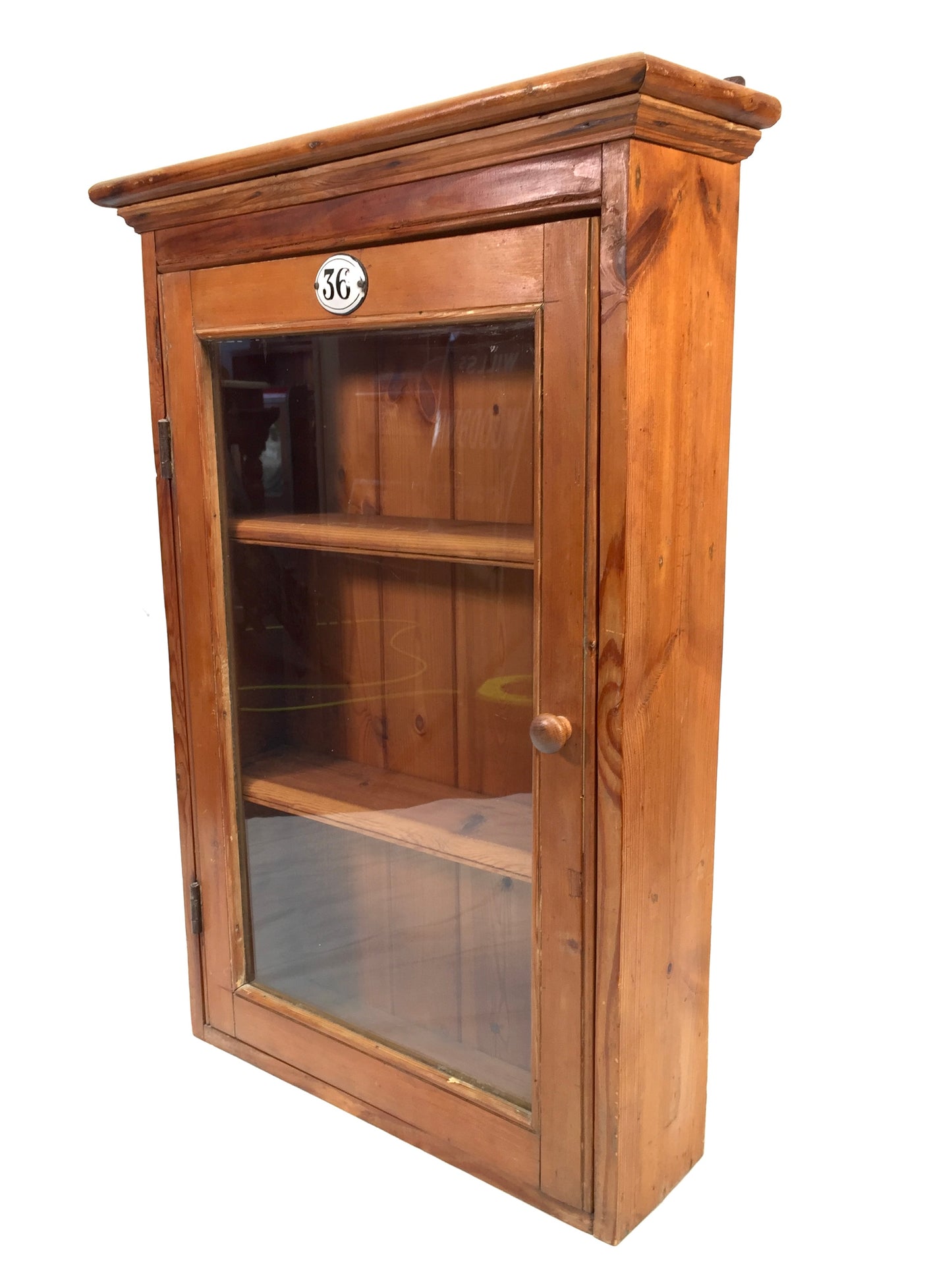 Antique Wooden Pine & Glass Fronted Wall Hanging Cabinet Display Shelf c.1930
