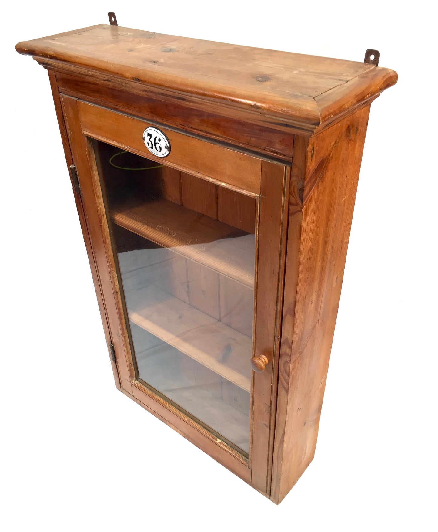 Antique Wooden Pine & Glass Fronted Wall Hanging Cabinet Display Shelf c.1930
