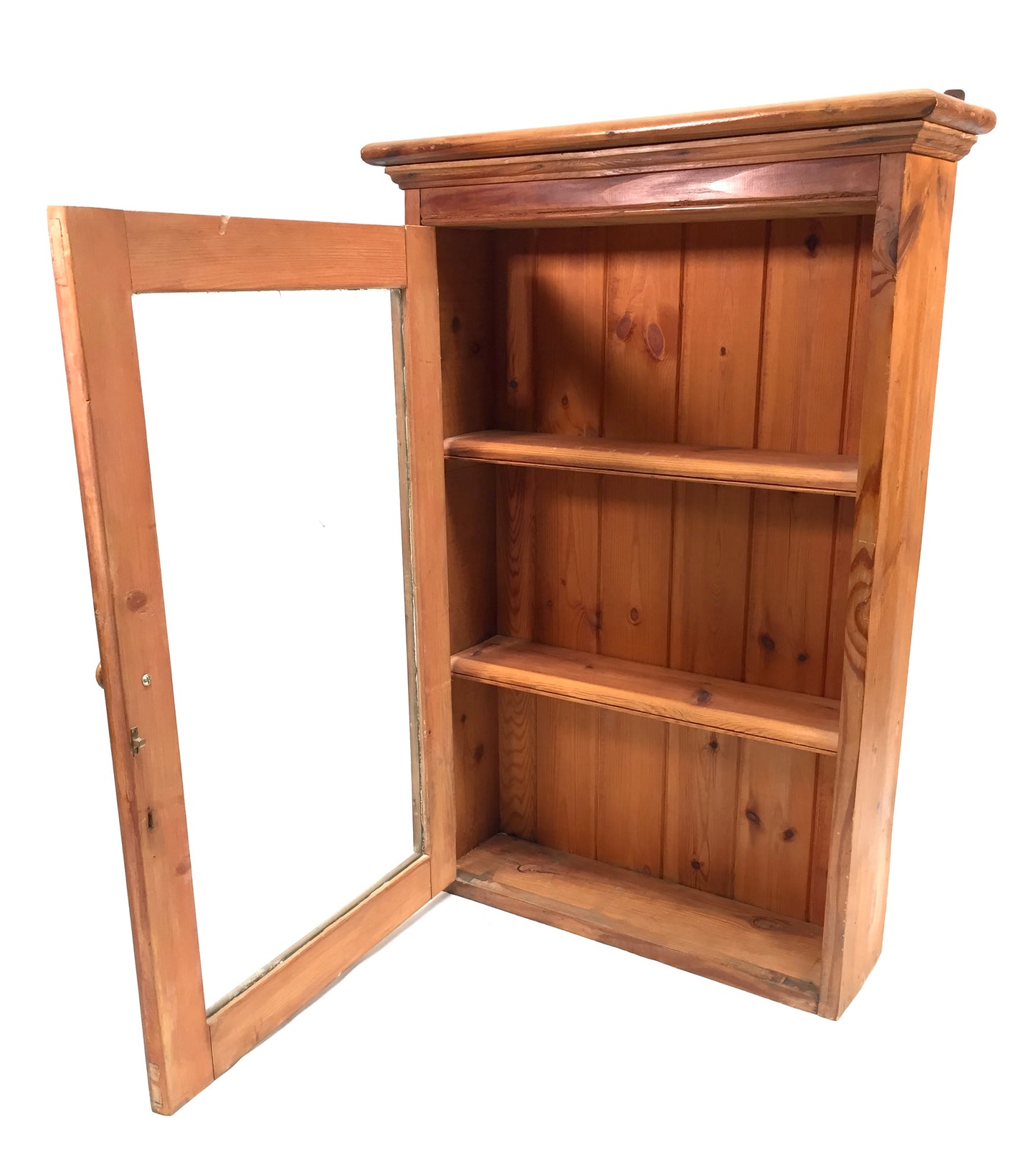Antique Wooden Pine & Glass Fronted Wall Hanging Cabinet Display Shelf c.1930