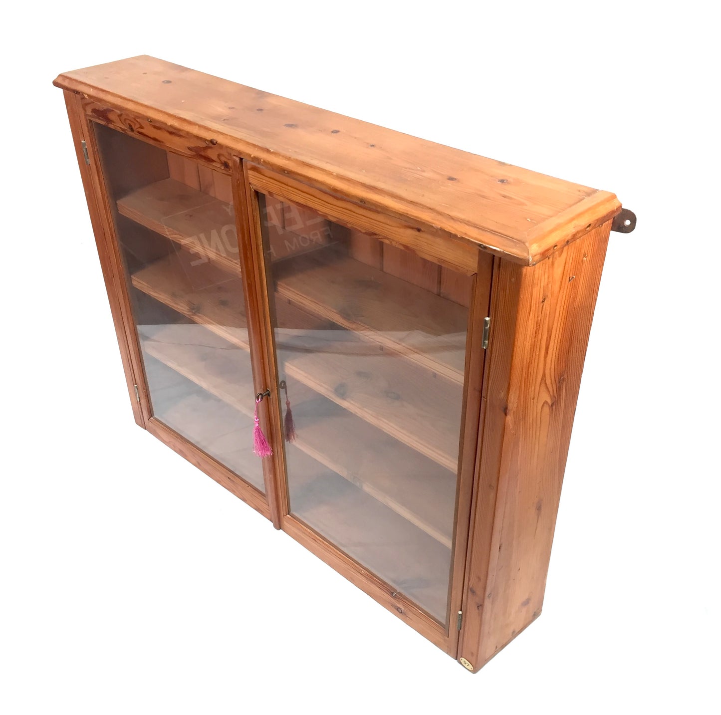 Antique Wooden Pine &amp; Glass Fronted Wall Cabinet Display Shelf with Key c1930