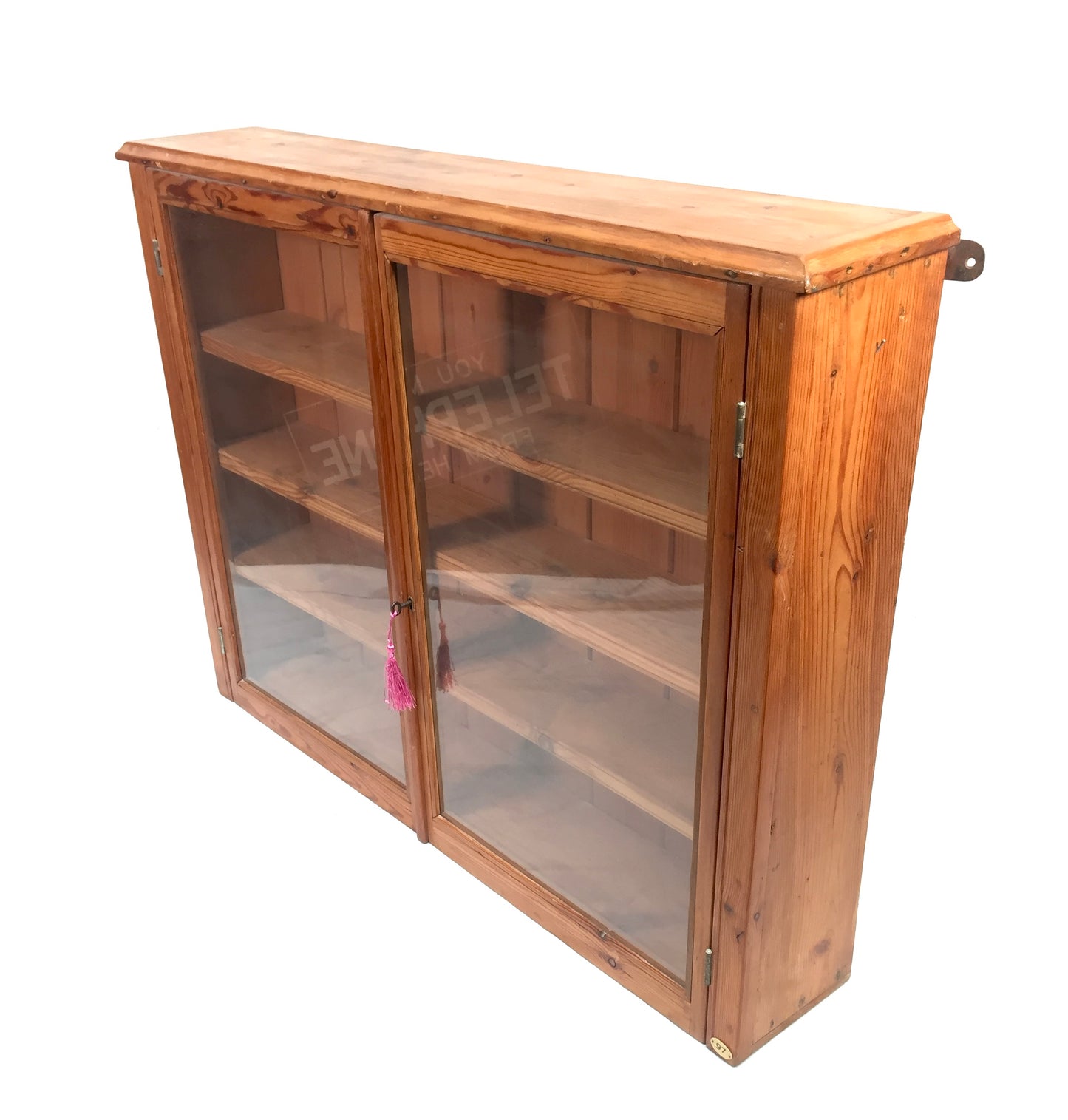 Antique Wooden Pine &amp; Glass Fronted Wall Cabinet Display Shelf with Key c1930