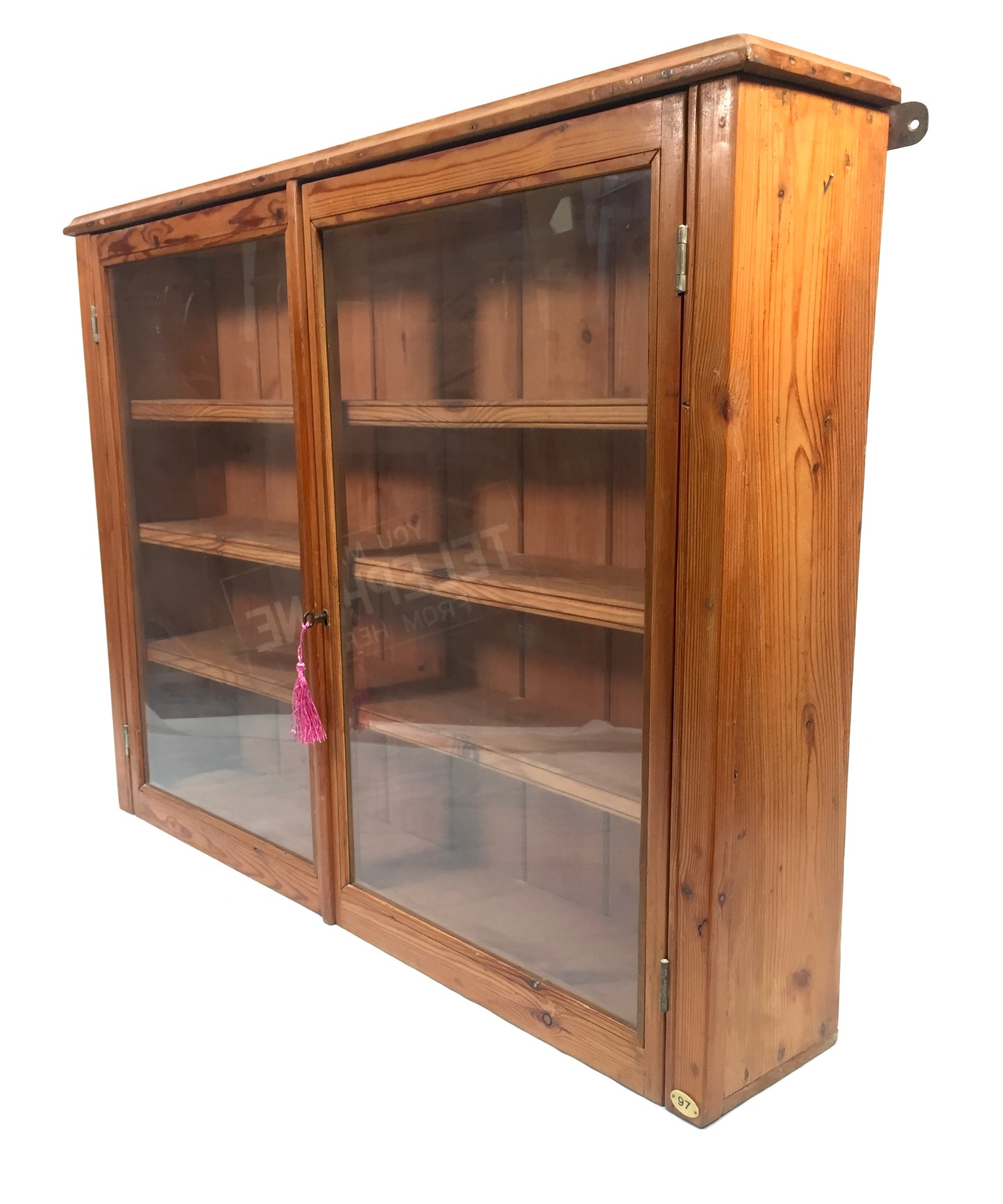 Antique Wooden Pine &amp; Glass Fronted Wall Cabinet Display Shelf with Key c1930