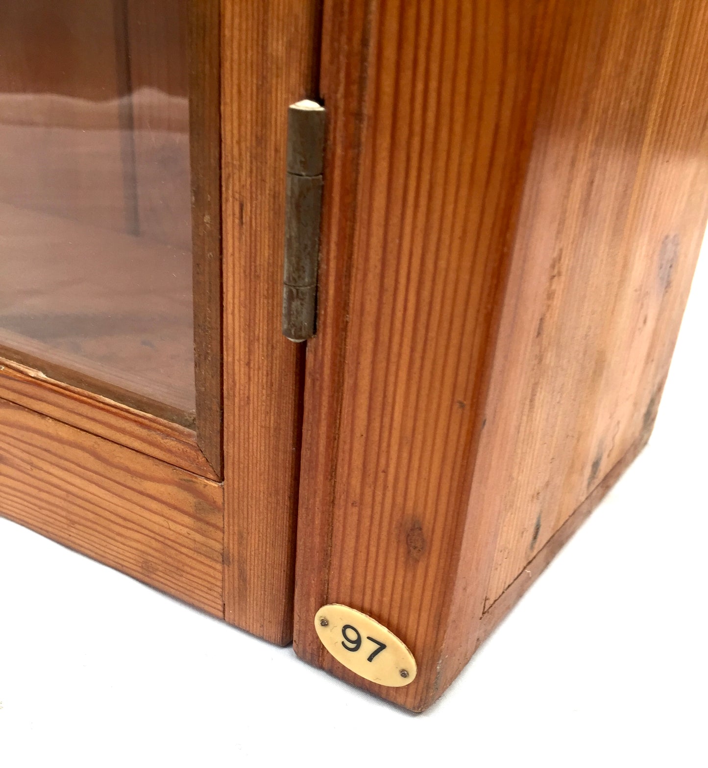 Antique Wooden Pine &amp; Glass Fronted Wall Cabinet Display Shelf with Key c1930