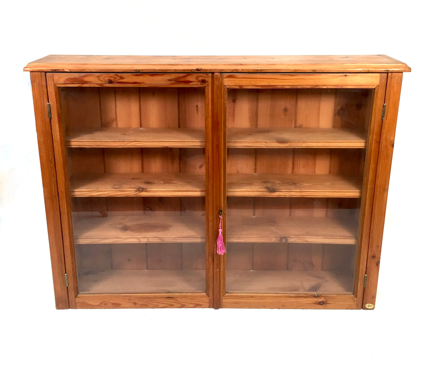 Antique Wooden Pine &amp; Glass Fronted Wall Cabinet Display Shelf with Key c1930