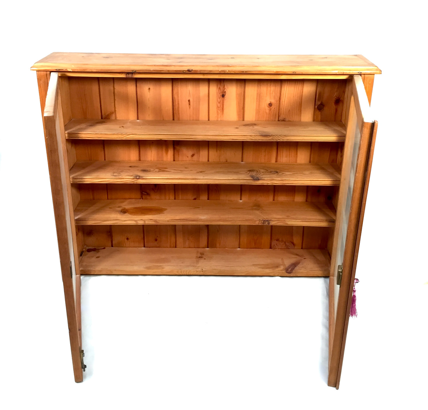 Antique Wooden Pine &amp; Glass Fronted Wall Cabinet Display Shelf with Key c1930