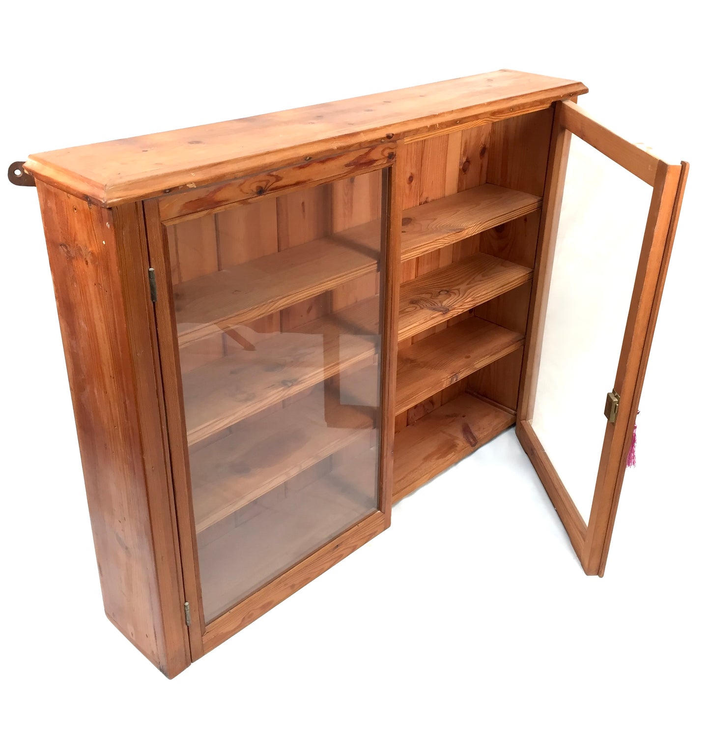 Antique Wooden Pine &amp; Glass Fronted Wall Cabinet Display Shelf with Key c1930