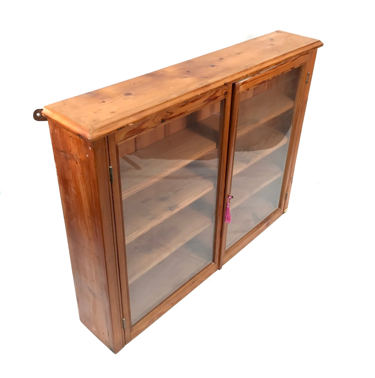 Antique Wooden Pine &amp; Glass Fronted Wall Cabinet Display Shelf with Key c1930