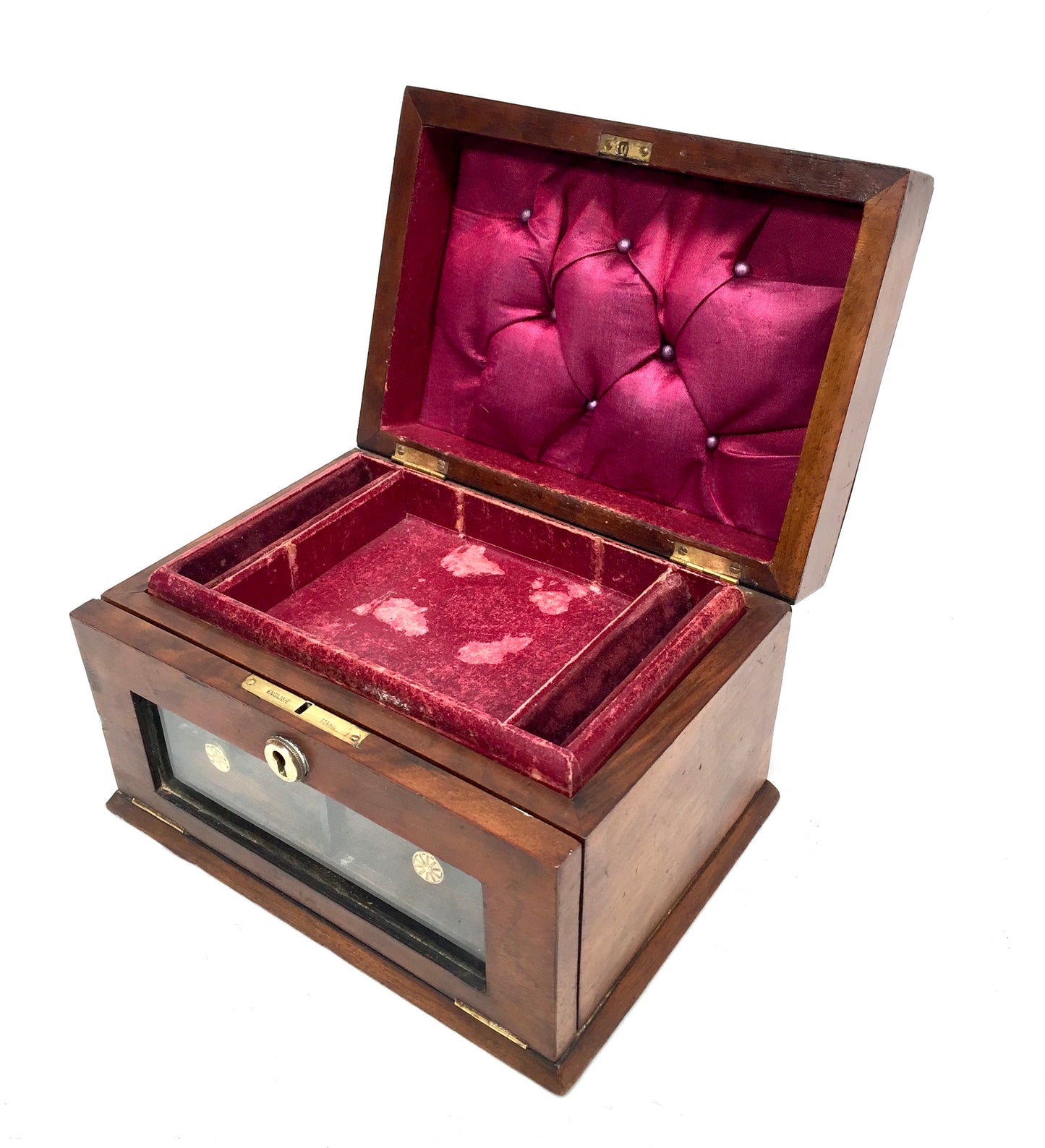 Antique 20th Century Wooden Walnut & Glazed Jewellery Trinket Storage Box c.1910