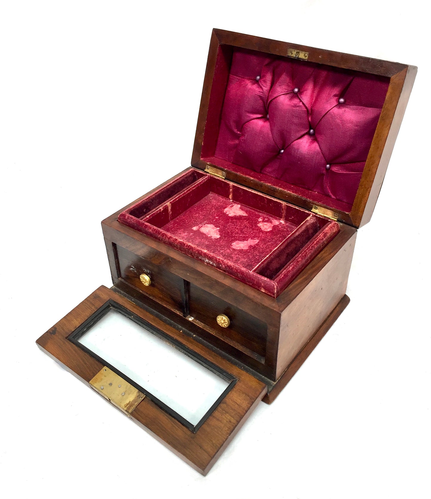 Antique 20th Century Wooden Walnut & Glazed Jewellery Trinket Storage Box c.1910