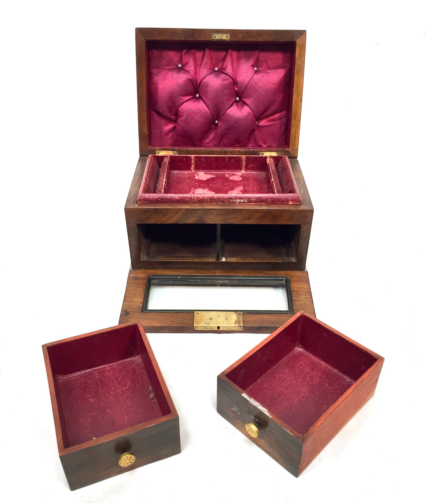 Antique 20th Century Wooden Walnut & Glazed Jewellery Trinket Storage Box c.1910
