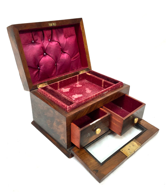 Antique 20th Century Wooden Walnut & Glazed Jewellery Trinket Storage Box c.1910