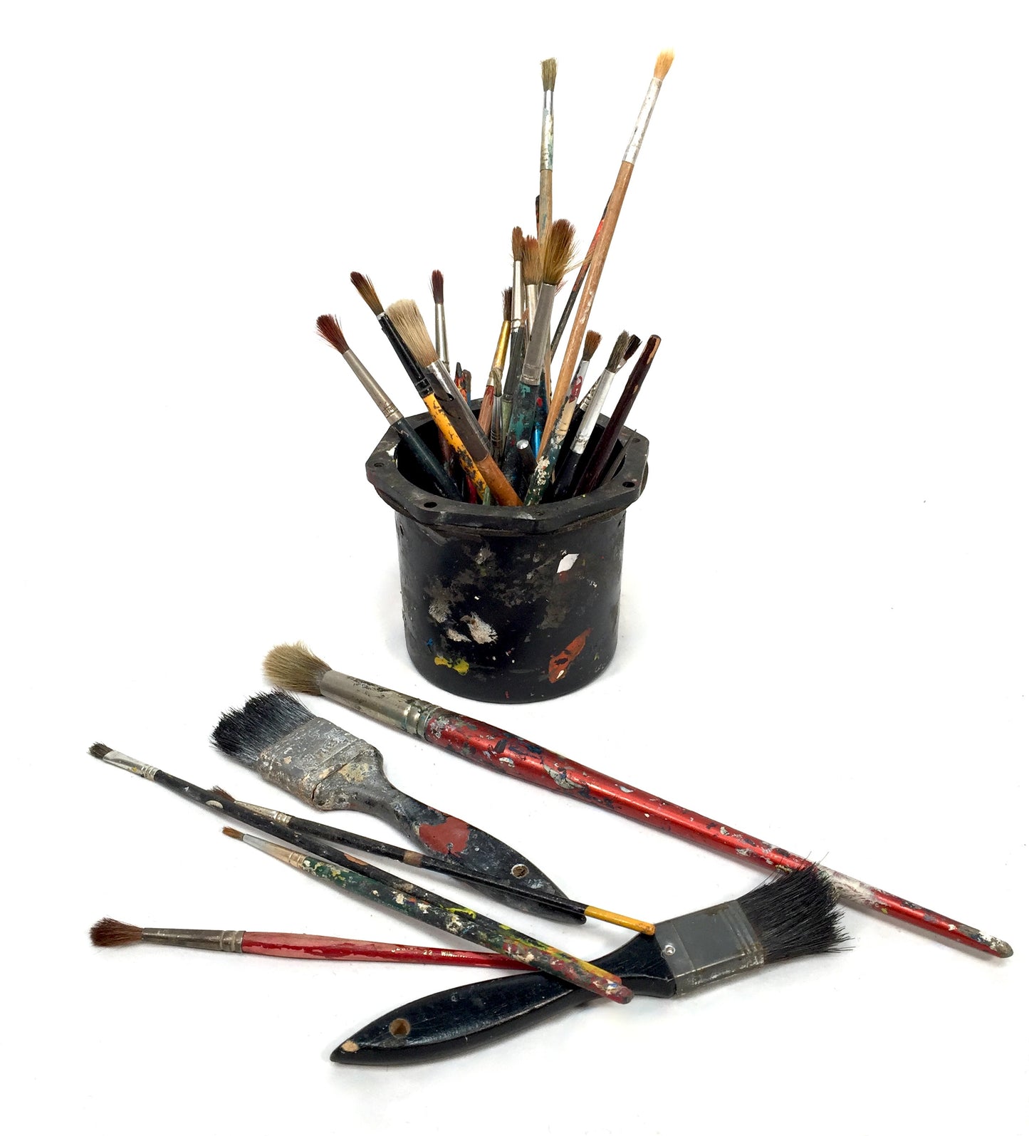 Vintage Artists Paint Brush Pot Holder with Job Lot of Art Brushes c.1970s&nbsp;