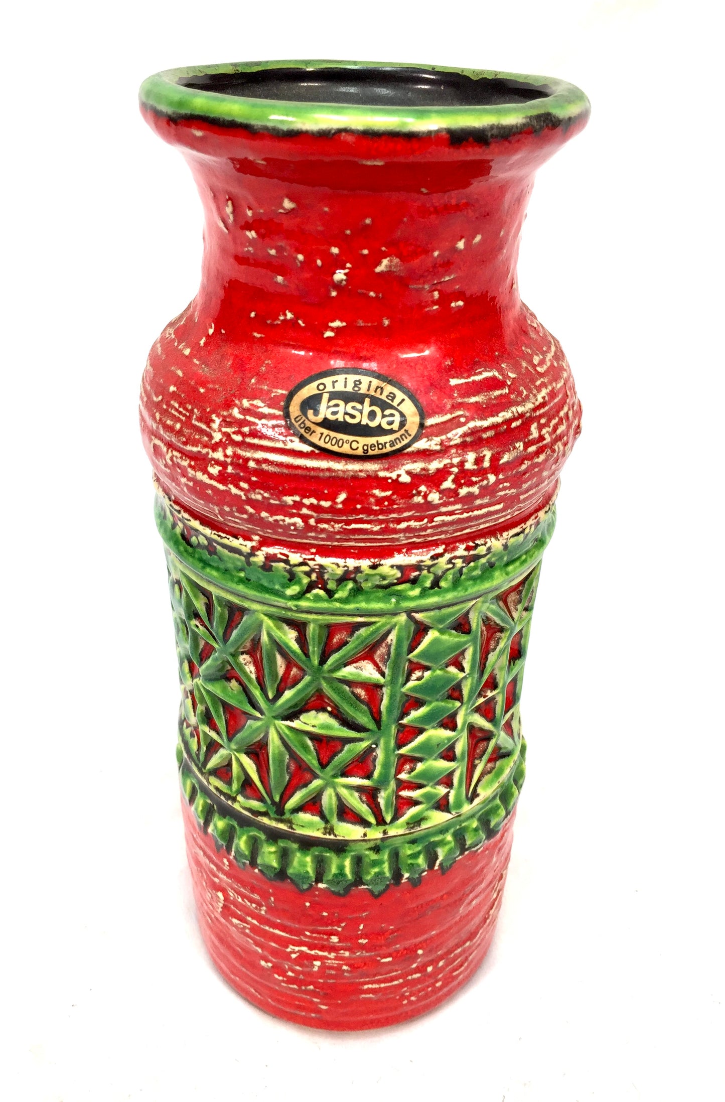 Vintage West German Pottery Jasba Keramik Vase / Jug / Red & Green Retro 1970's