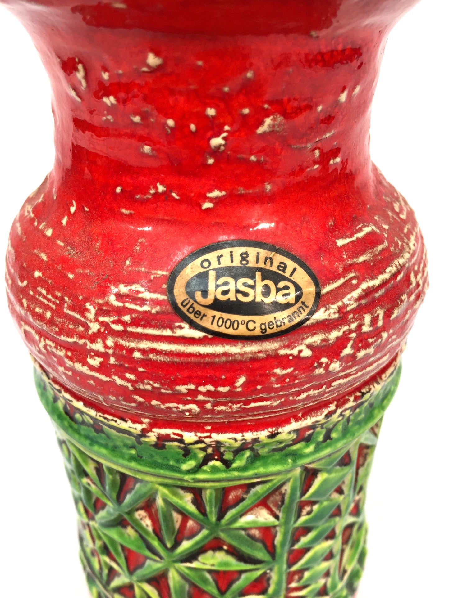 Vintage West German Pottery Jasba Keramik Vase / Jug / Red & Green Retro 1970's