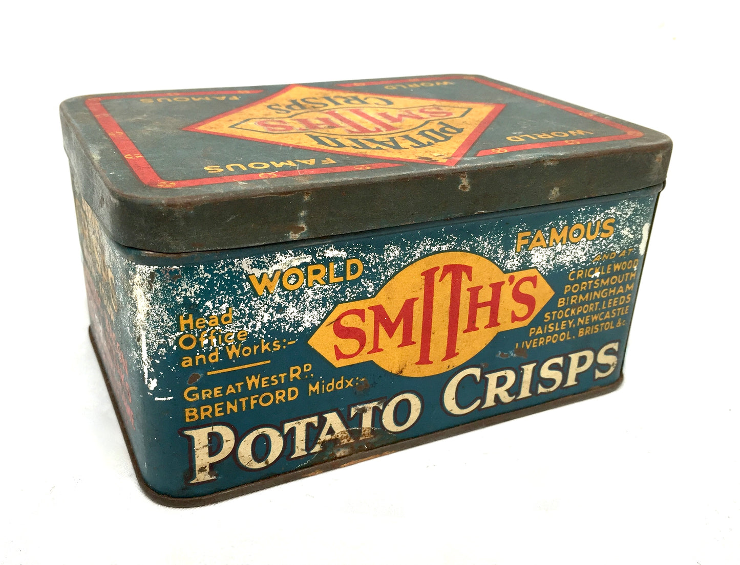 Antique Advertising World Famous Smith's Potato Crisp Food Tin c1950 Kitchenalia