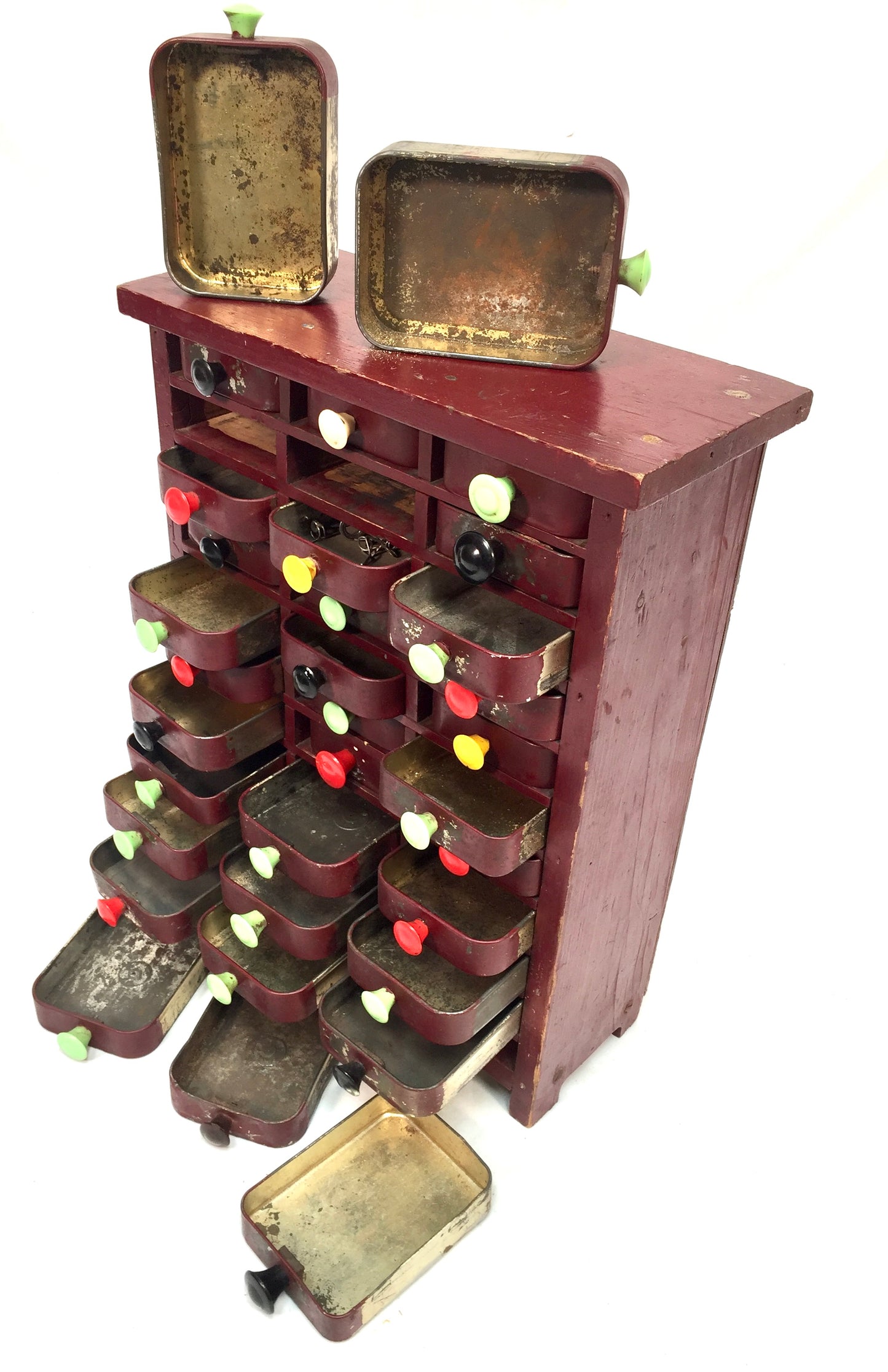 Vintage Tabletop Multi Coloured Collectors Drawers / Garage Storage Box c.1950