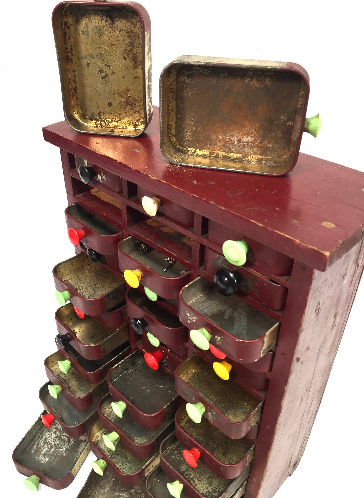 Vintage Tabletop Multi Coloured Collectors Drawers / Garage Storage Box c.1950