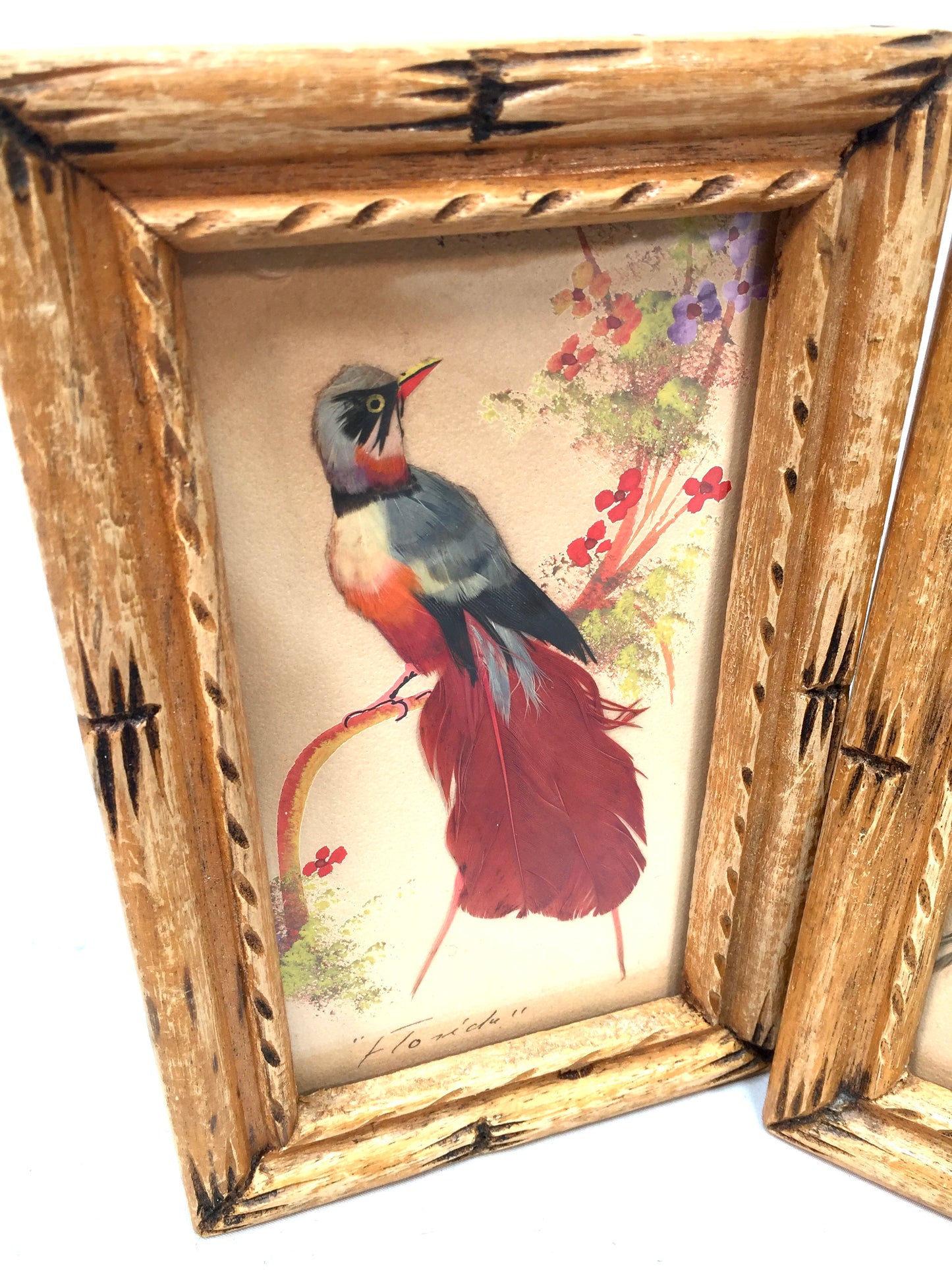 Antique Pair of Carved Wooden Framed Mexican Feather Craft Bird Pictures / Art