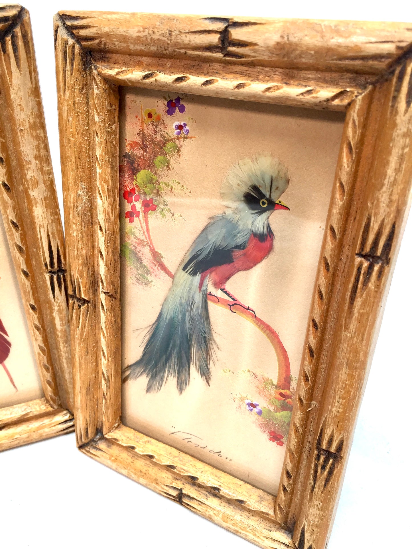 Antique Pair of Carved Wooden Framed Mexican Feather Craft Bird Pictures / Art