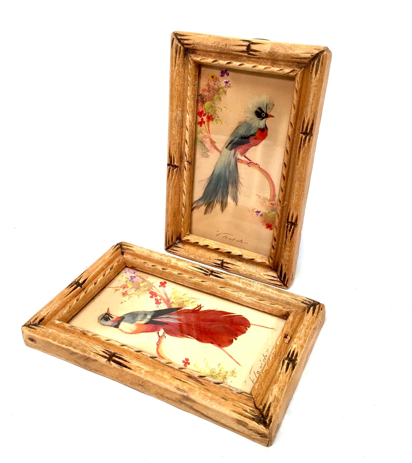 Antique Pair of Carved Wooden Framed Mexican Feather Craft Bird Pictures / Art