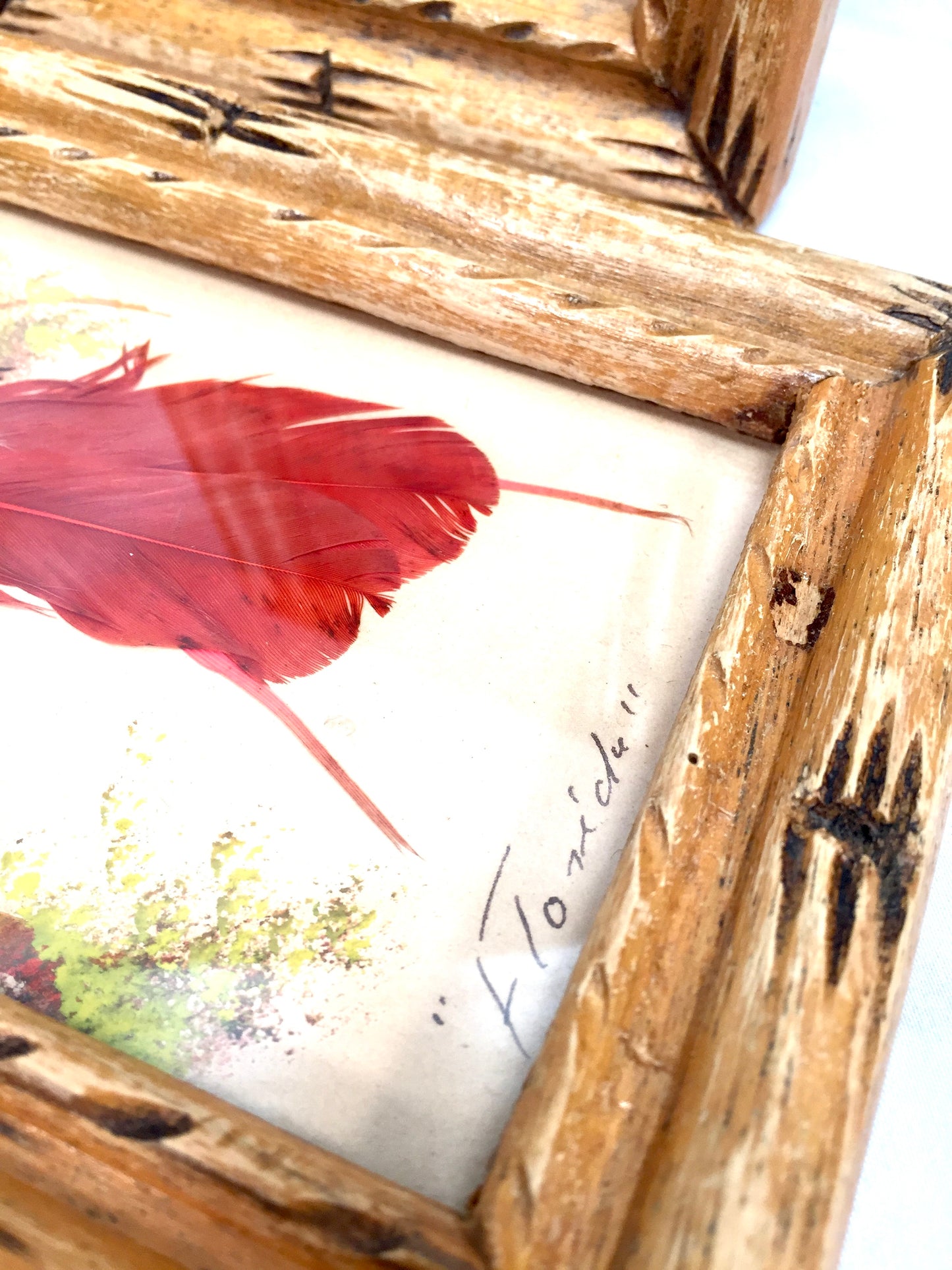 Antique Pair of Carved Wooden Framed Mexican Feather Craft Bird Pictures / Art