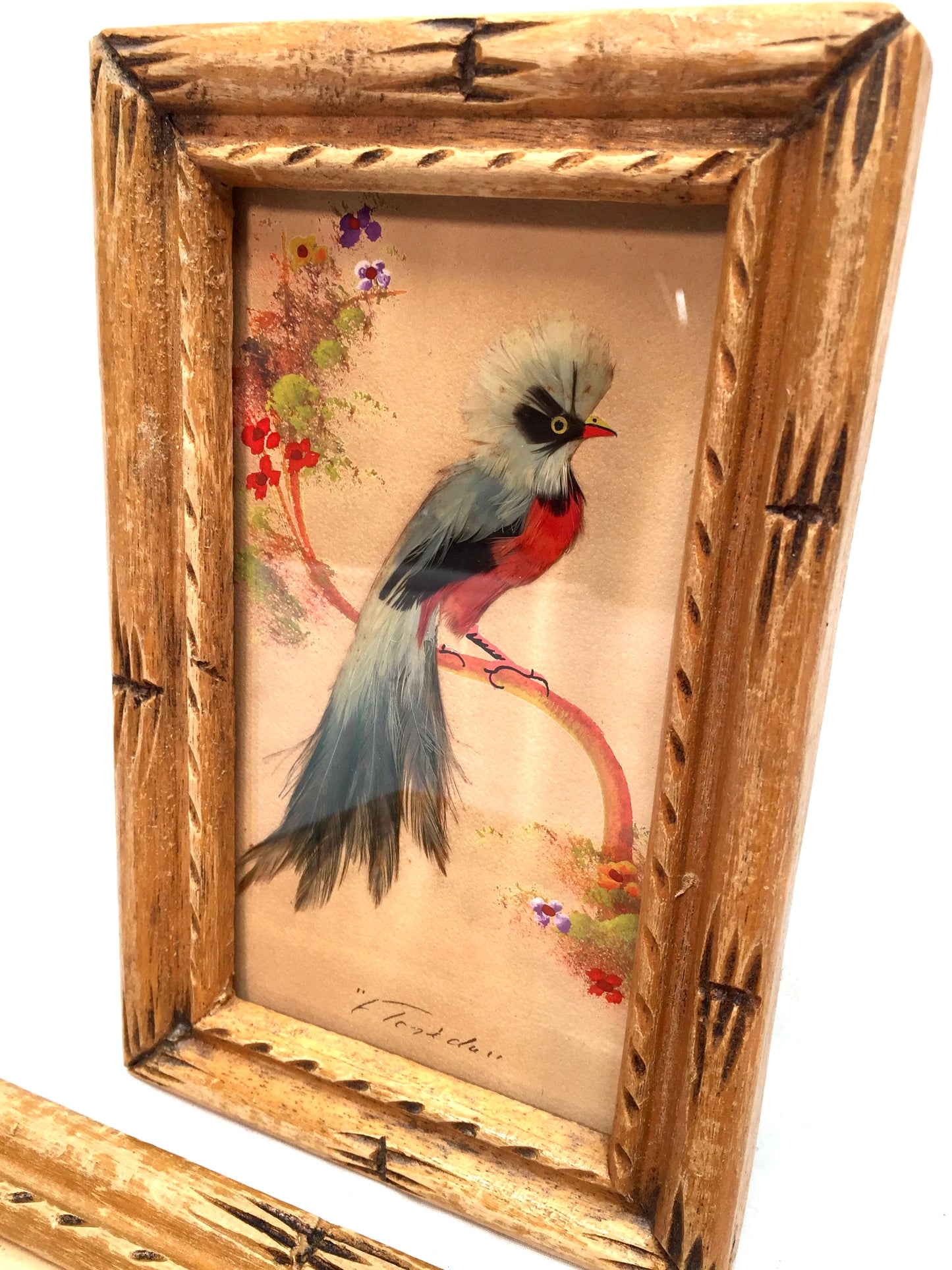 Antique Pair of Carved Wooden Framed Mexican Feather Craft Bird Pictures / Art