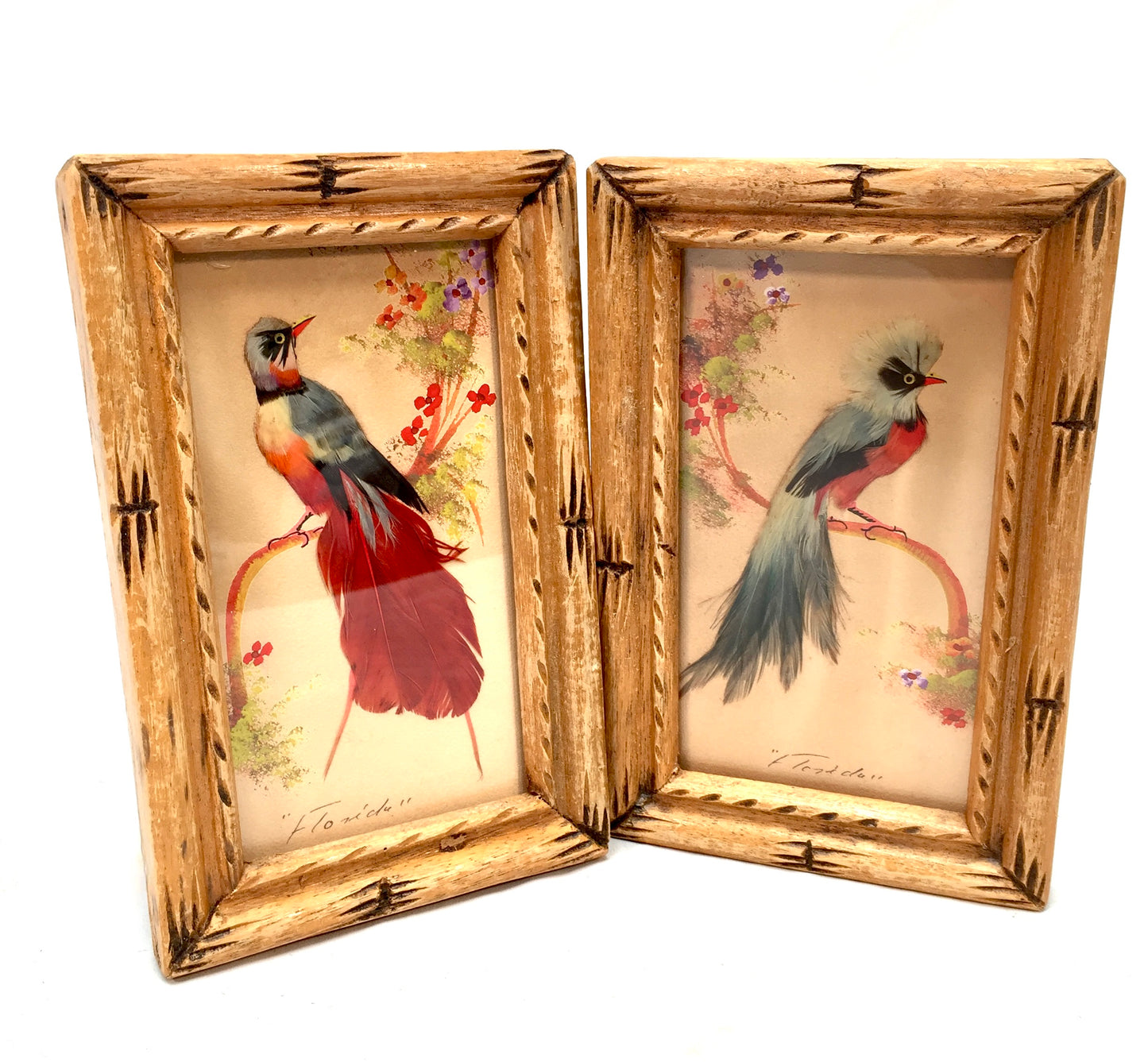 Antique Pair of Carved Wooden Framed Mexican Feather Craft Bird Pictures / Art