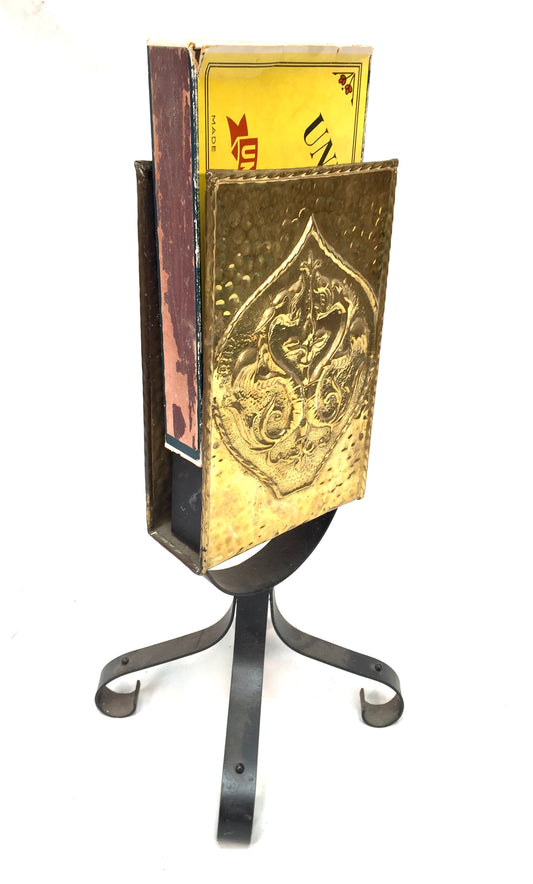 Antique Embossed Brass & Iron Fireside Large Matchbox Holder Mid 20th Century
