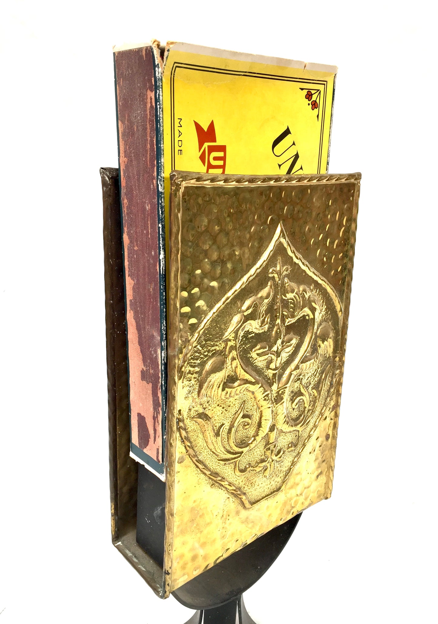Antique Embossed Brass &amp; Iron Fireside Large Matchbox Holder Mid 20th Century