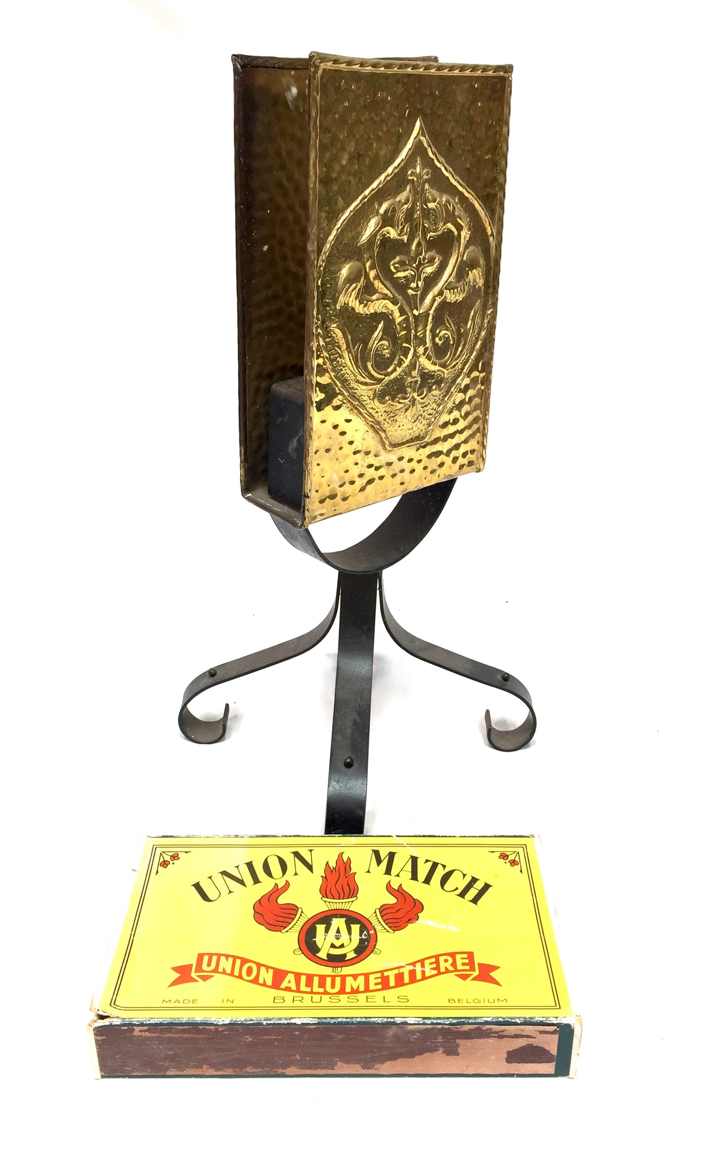 Antique Embossed Brass &amp; Iron Fireside Large Matchbox Holder Mid 20th Century