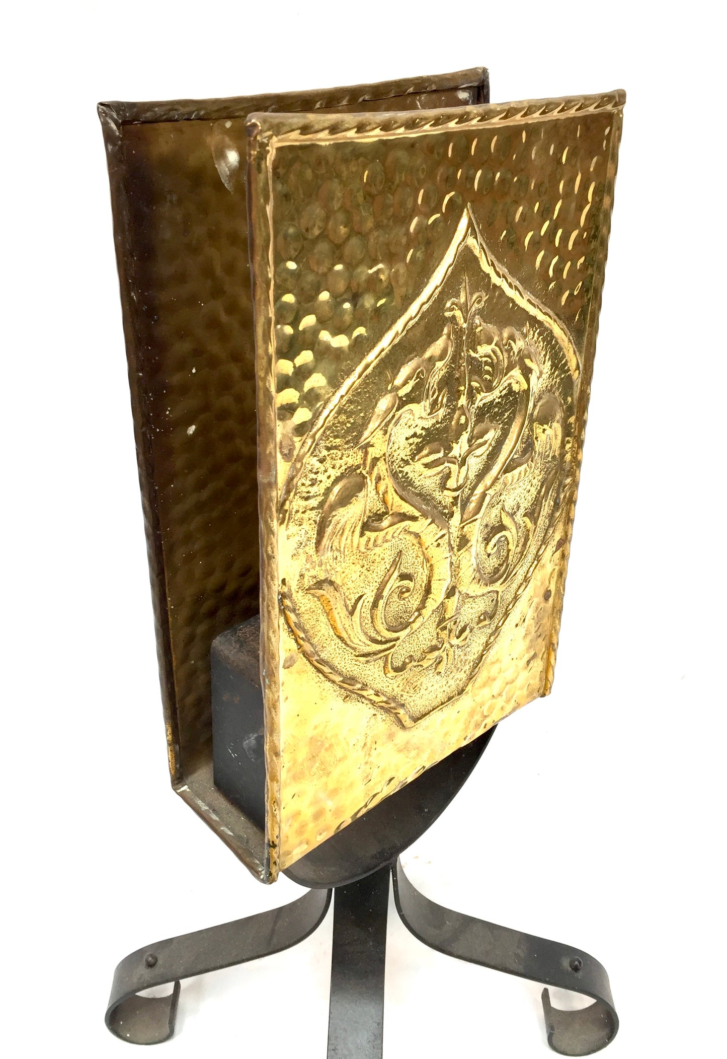 Antique Embossed Brass &amp; Iron Fireside Large Matchbox Holder Mid 20th Century
