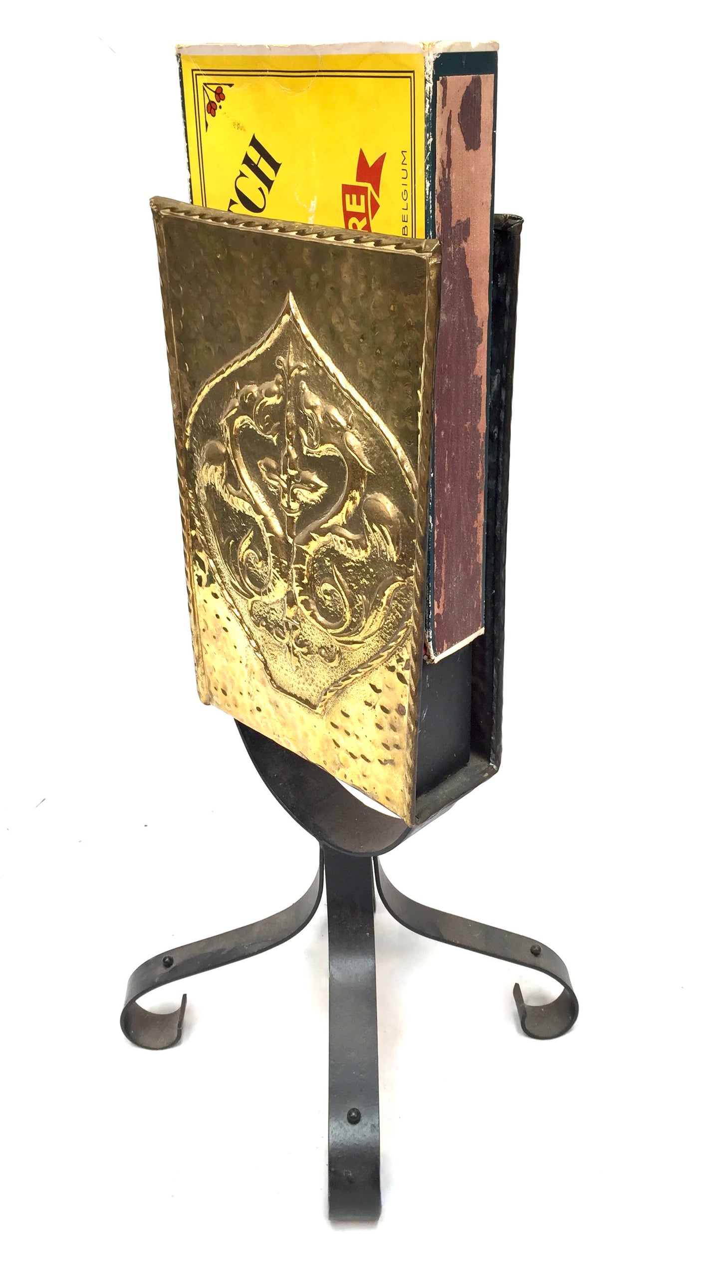 Antique Embossed Brass &amp; Iron Fireside Large Matchbox Holder Mid 20th Century