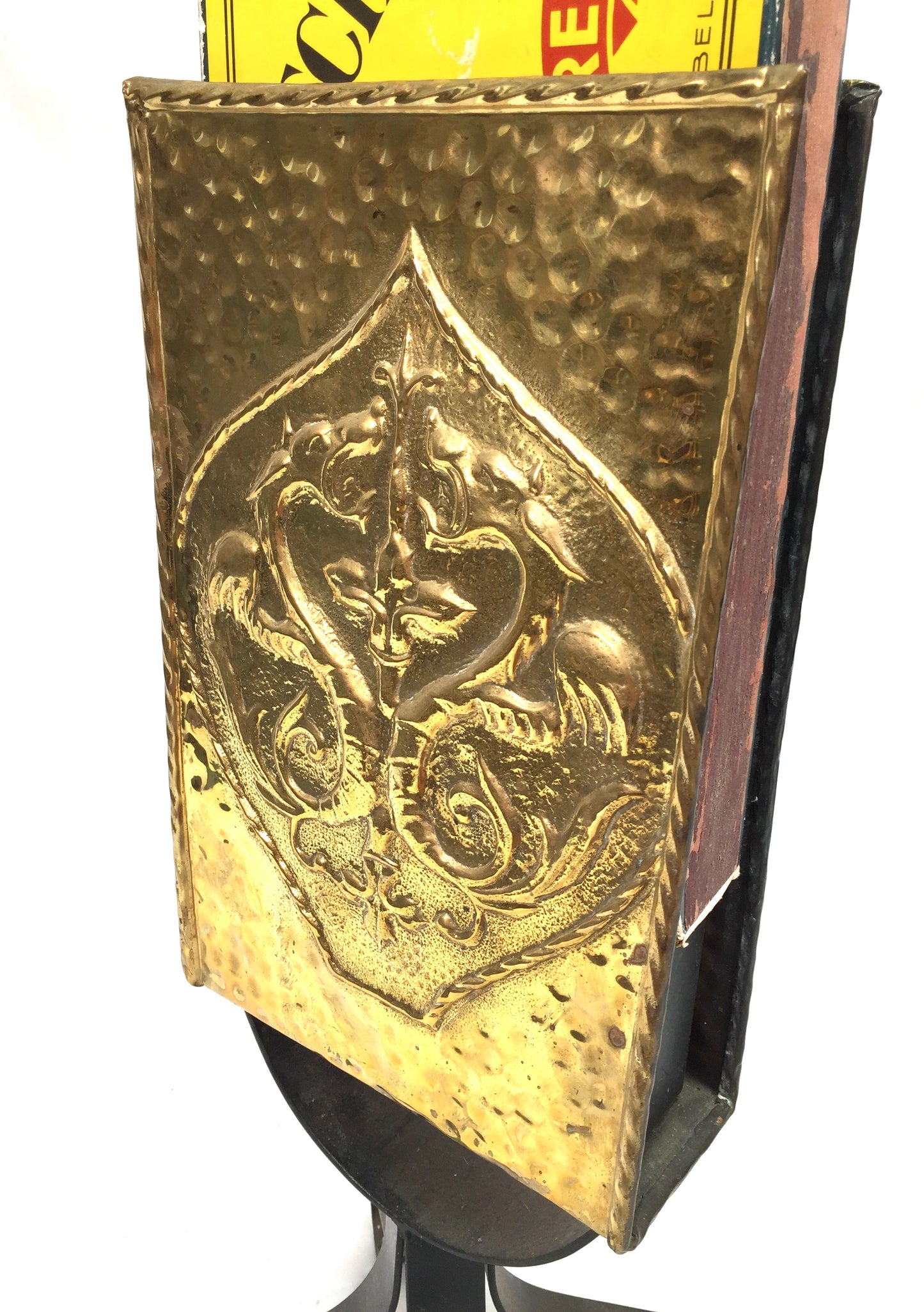Antique Embossed Brass &amp; Iron Fireside Large Matchbox Holder Mid 20th Century