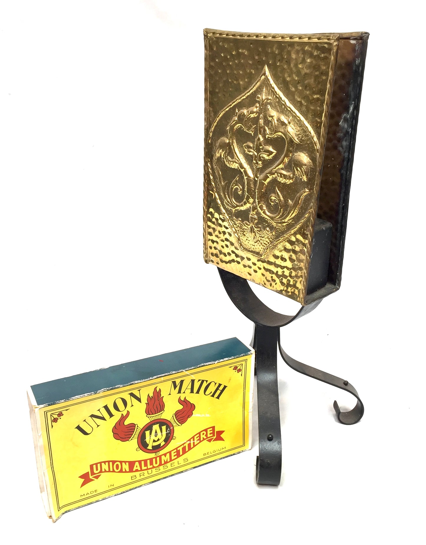 Antique Embossed Brass &amp; Iron Fireside Large Matchbox Holder Mid 20th Century