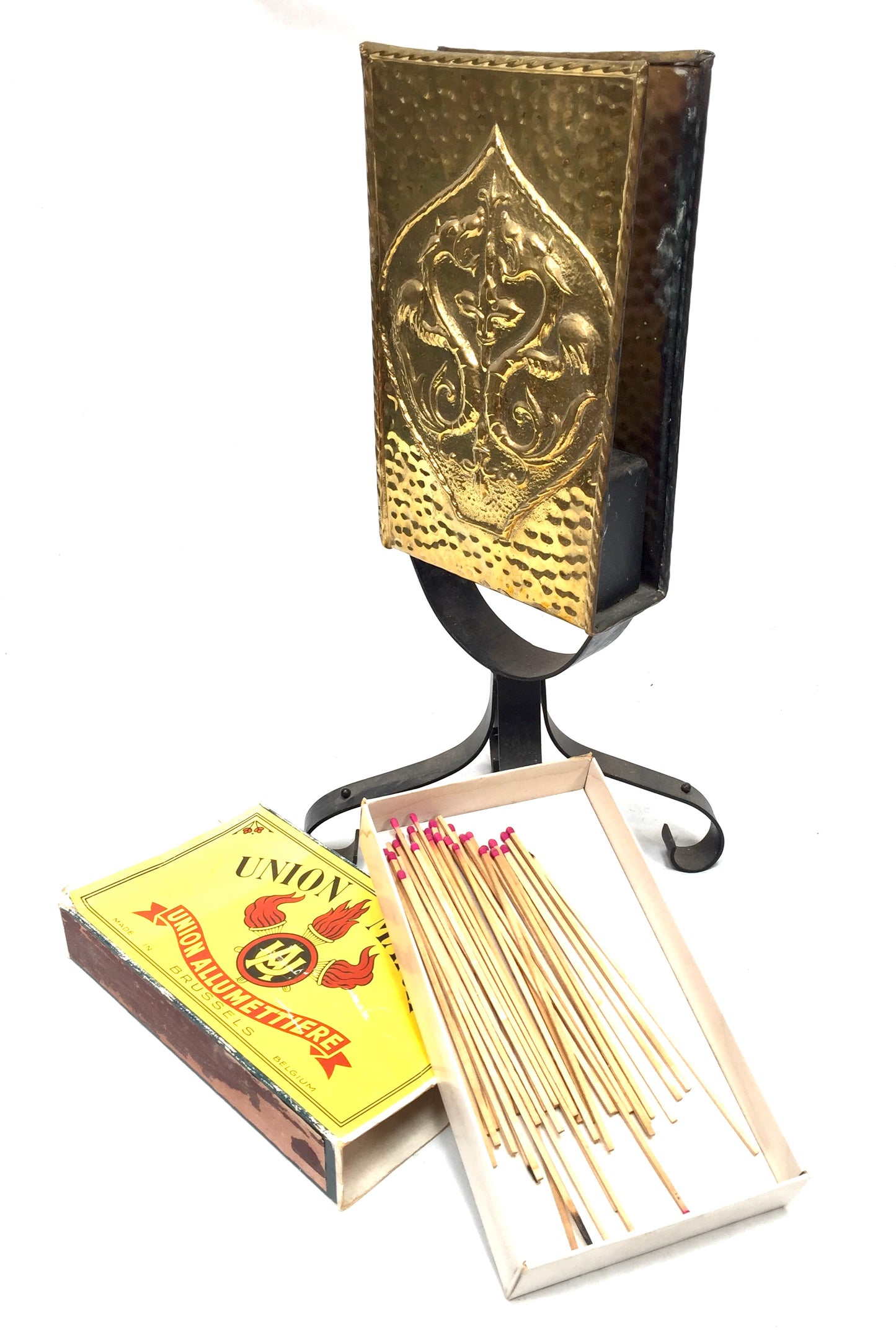 Antique Embossed Brass &amp; Iron Fireside Large Matchbox Holder Mid 20th Century