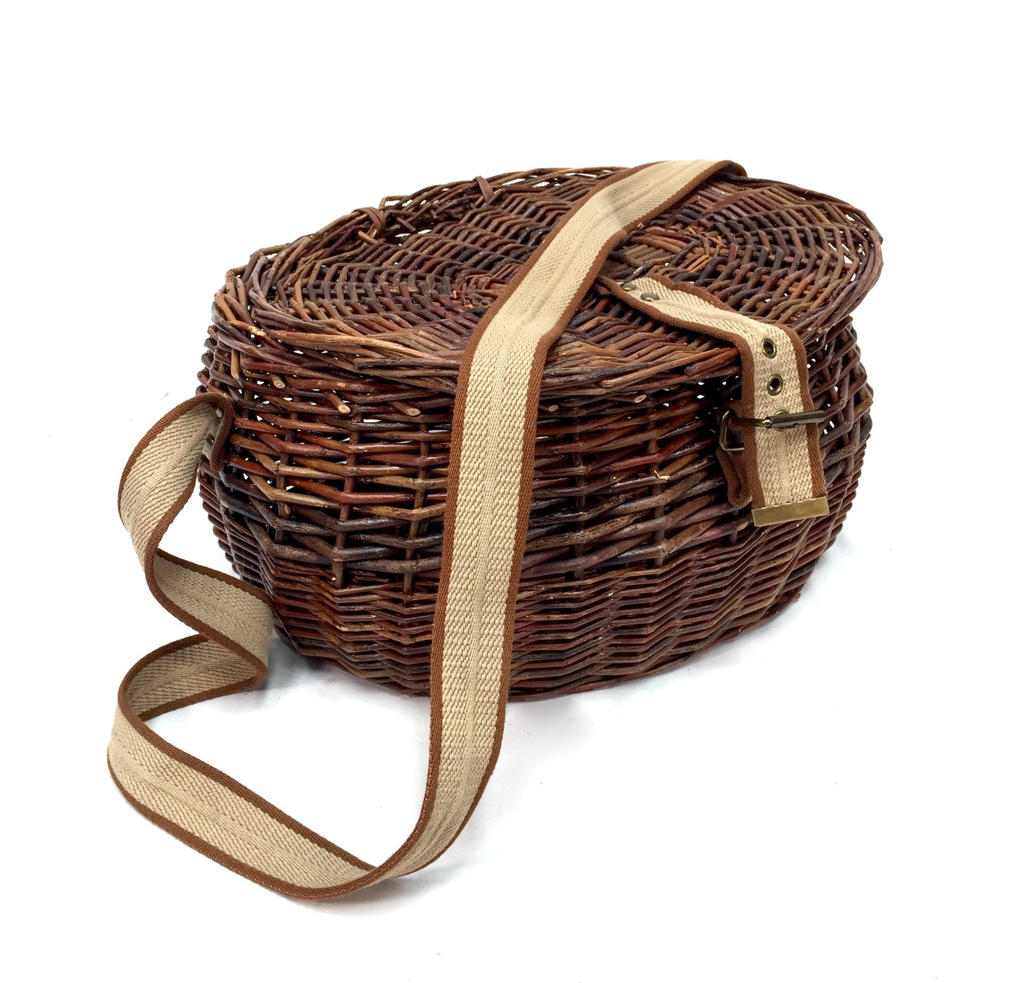 Vintage Wicker Fishing Creel Basket Hamper With Shoulder Strap / Storage 1960s