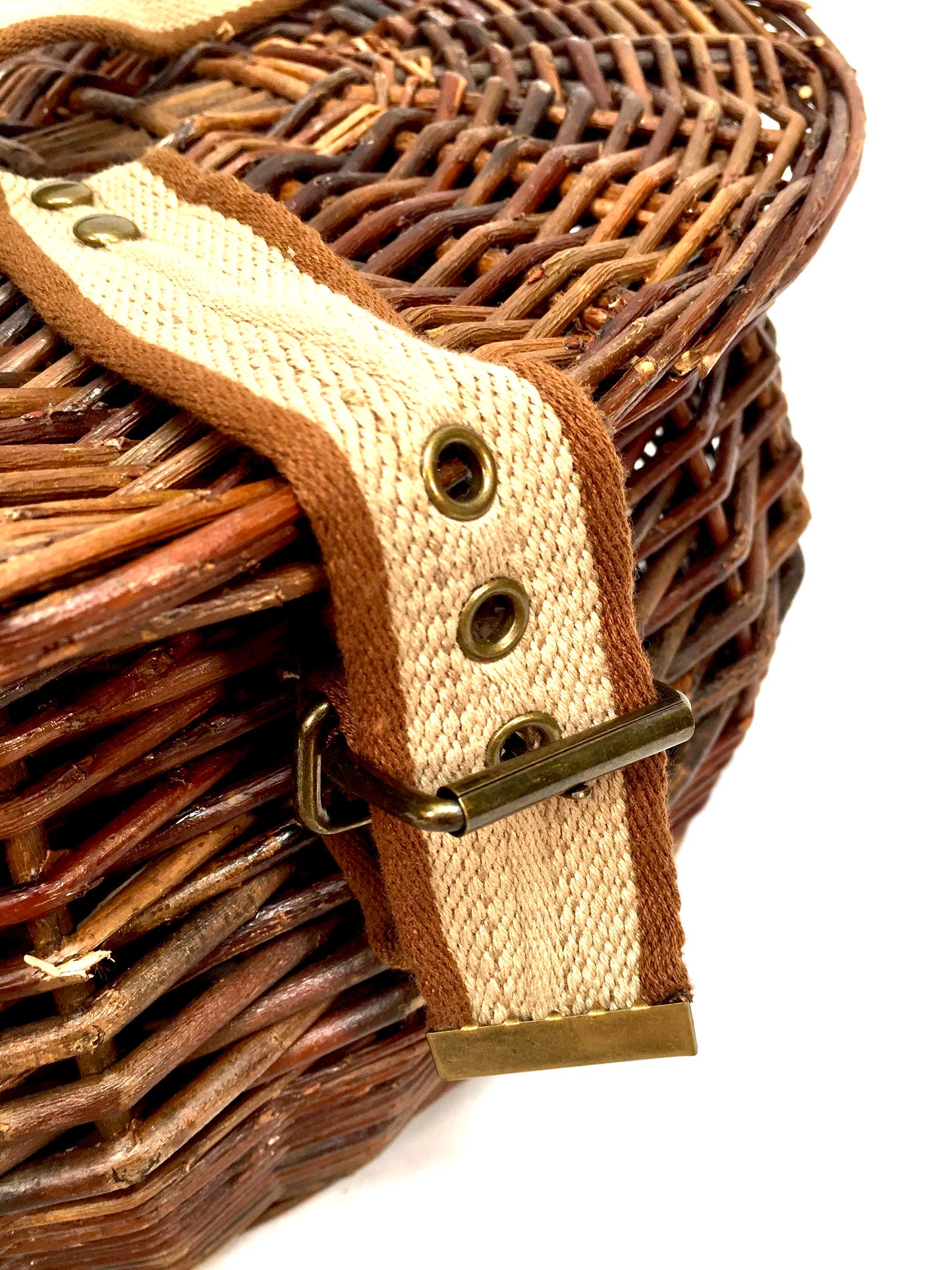 Vintage Wicker Fishing Creel Basket Hamper With Shoulder Strap / Storage 1960s