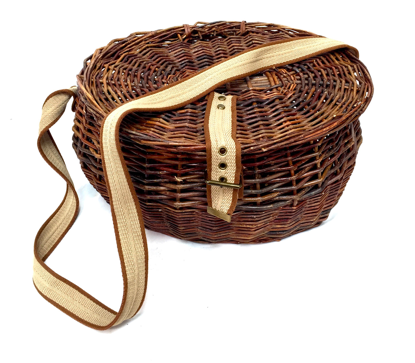 Vintage Wicker Fishing Creel Basket Hamper With Shoulder Strap / Storage 1960s