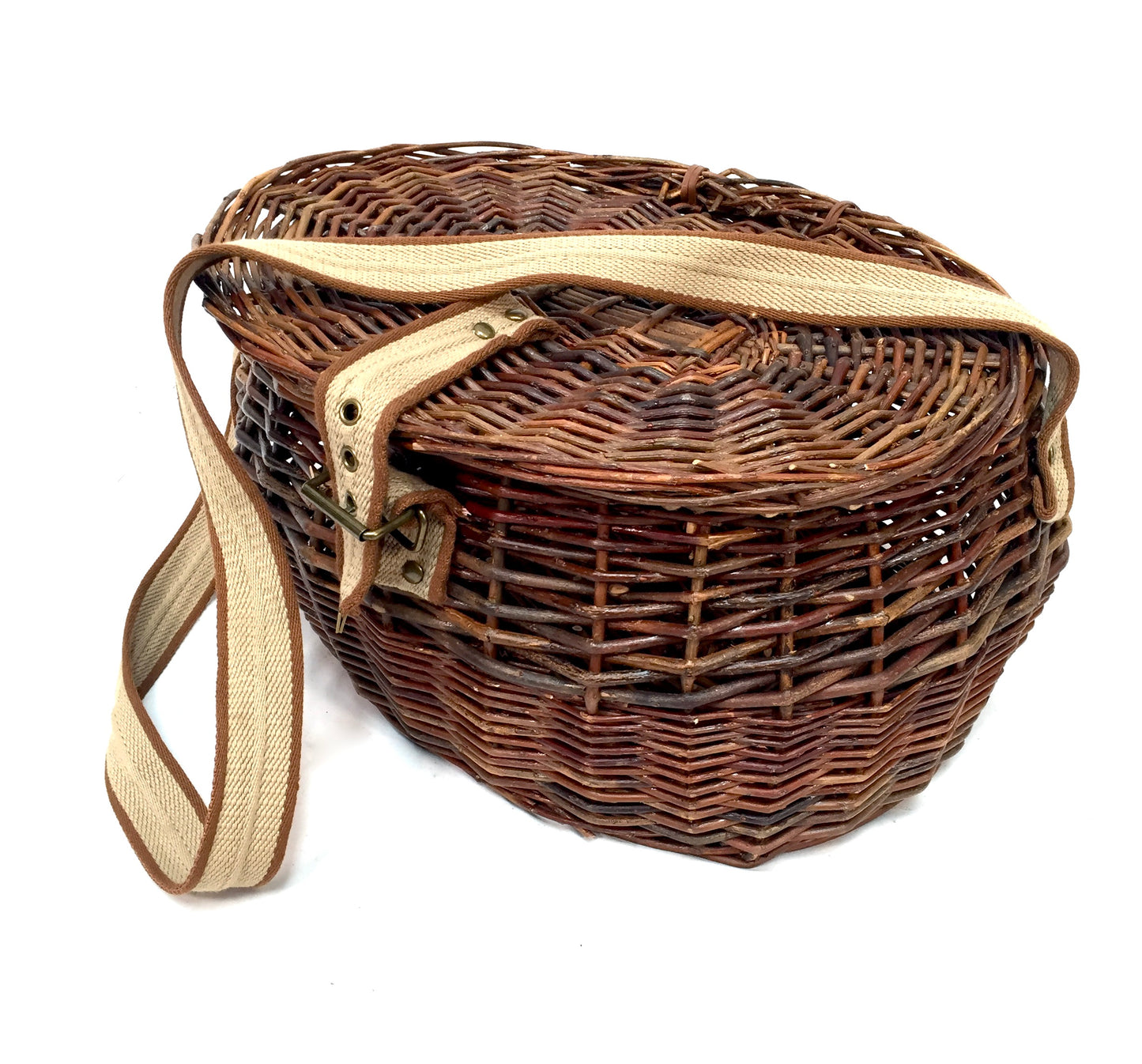 Vintage Wicker Fishing Creel Basket Hamper With Shoulder Strap / Storage 1960s