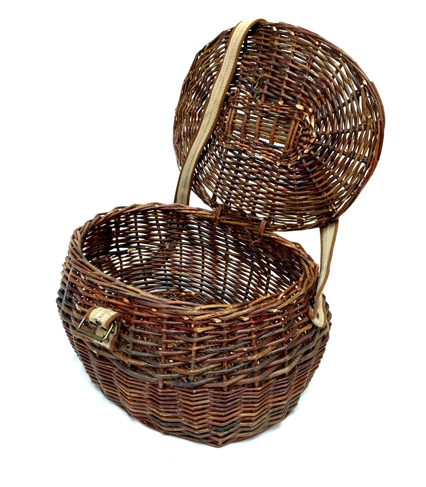 Vintage Wicker Fishing Creel Basket Hamper With Shoulder Strap / Storage 1960s