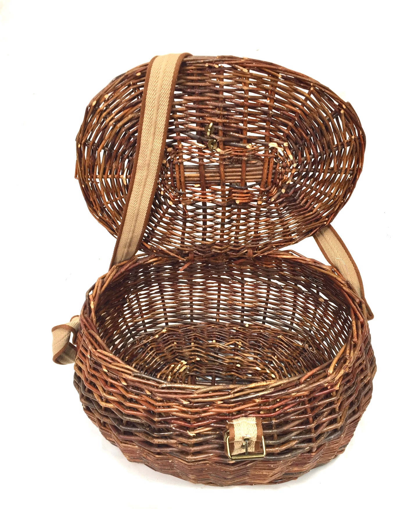 Vintage Wicker Fishing Creel Basket Hamper With Shoulder Strap / Storage 1960s